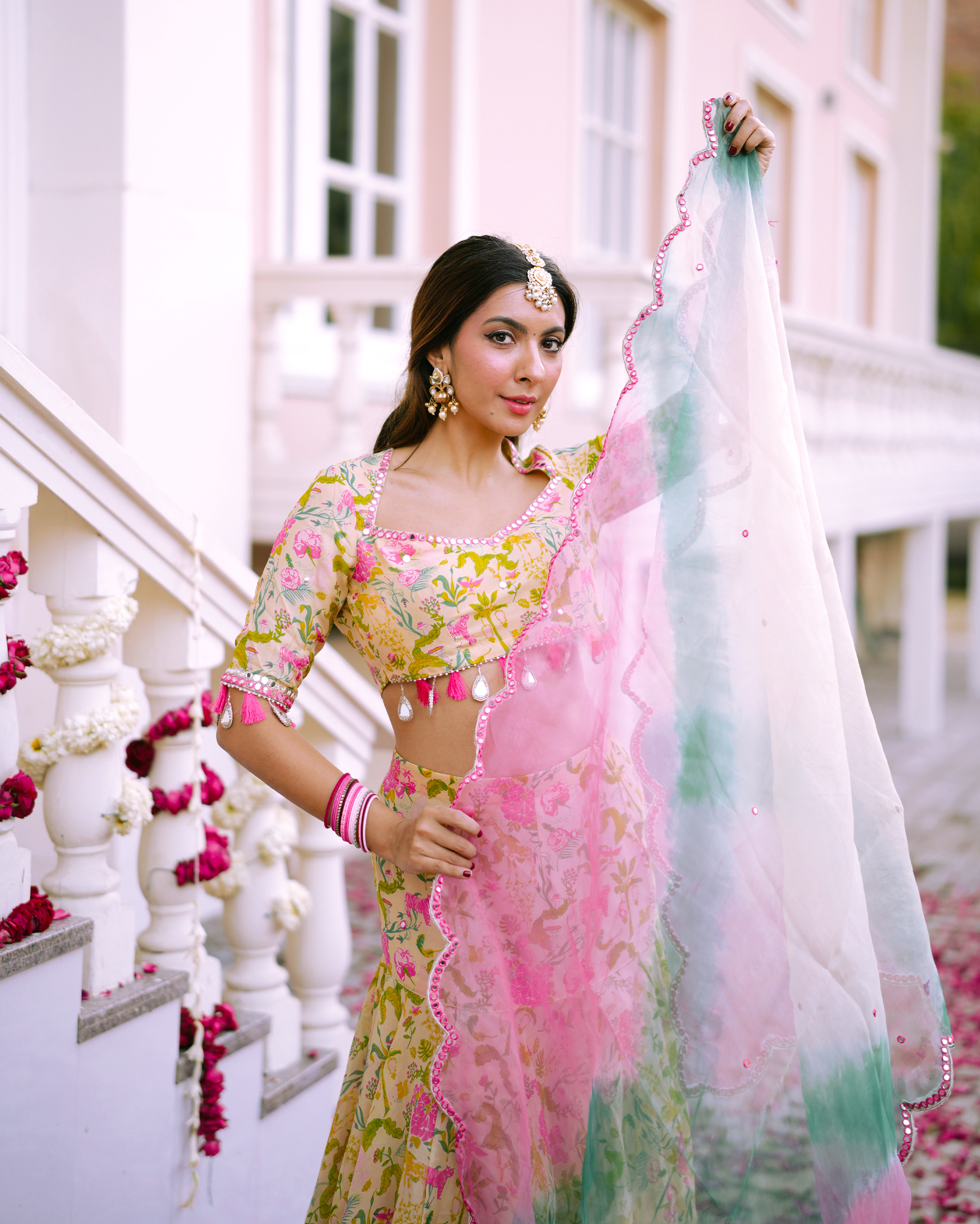 Vidari Cream Printed Organza Lehenga Set My Store