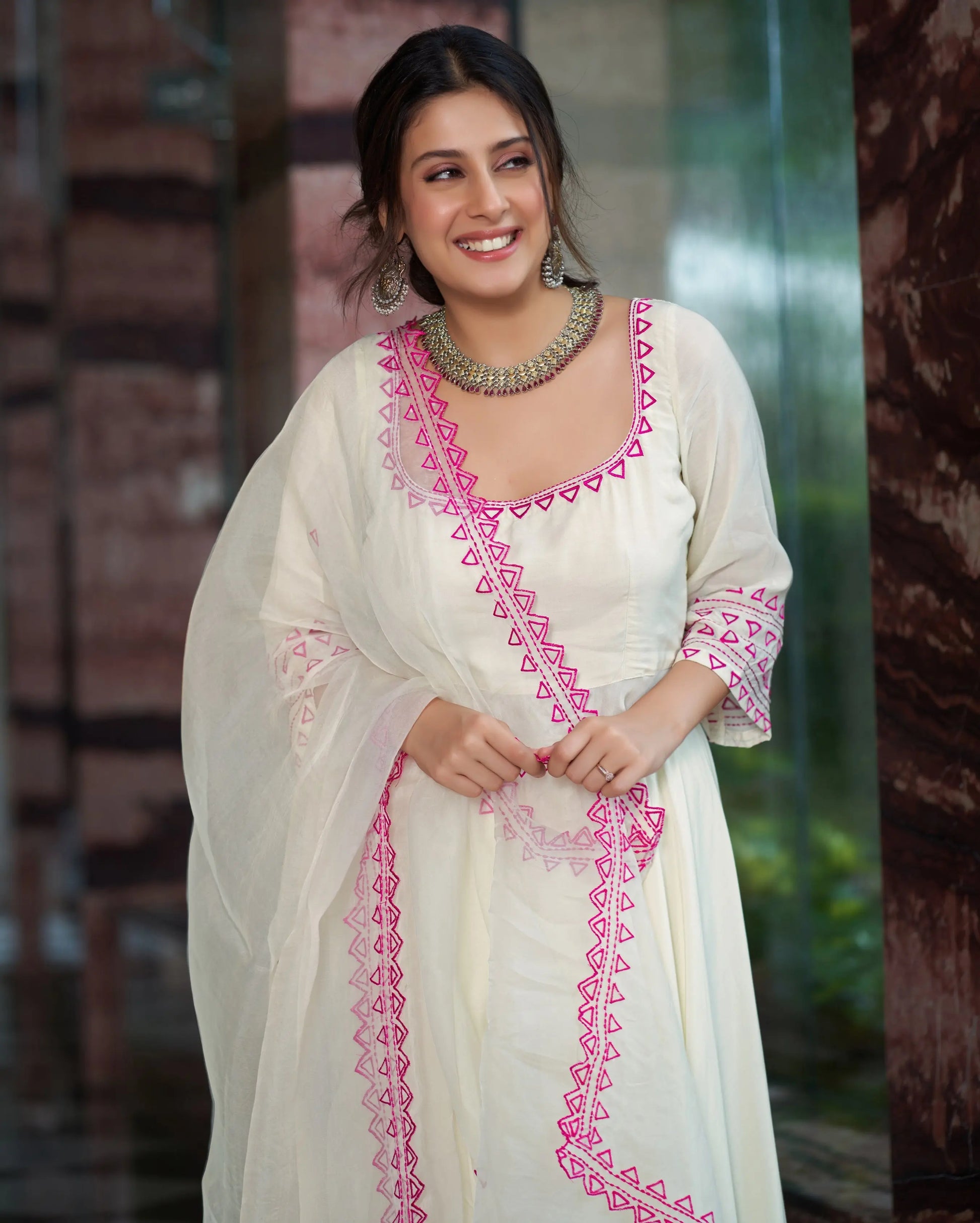 Rajsi Pink Cream Embroidered Muslin Silk Suit Set My Store