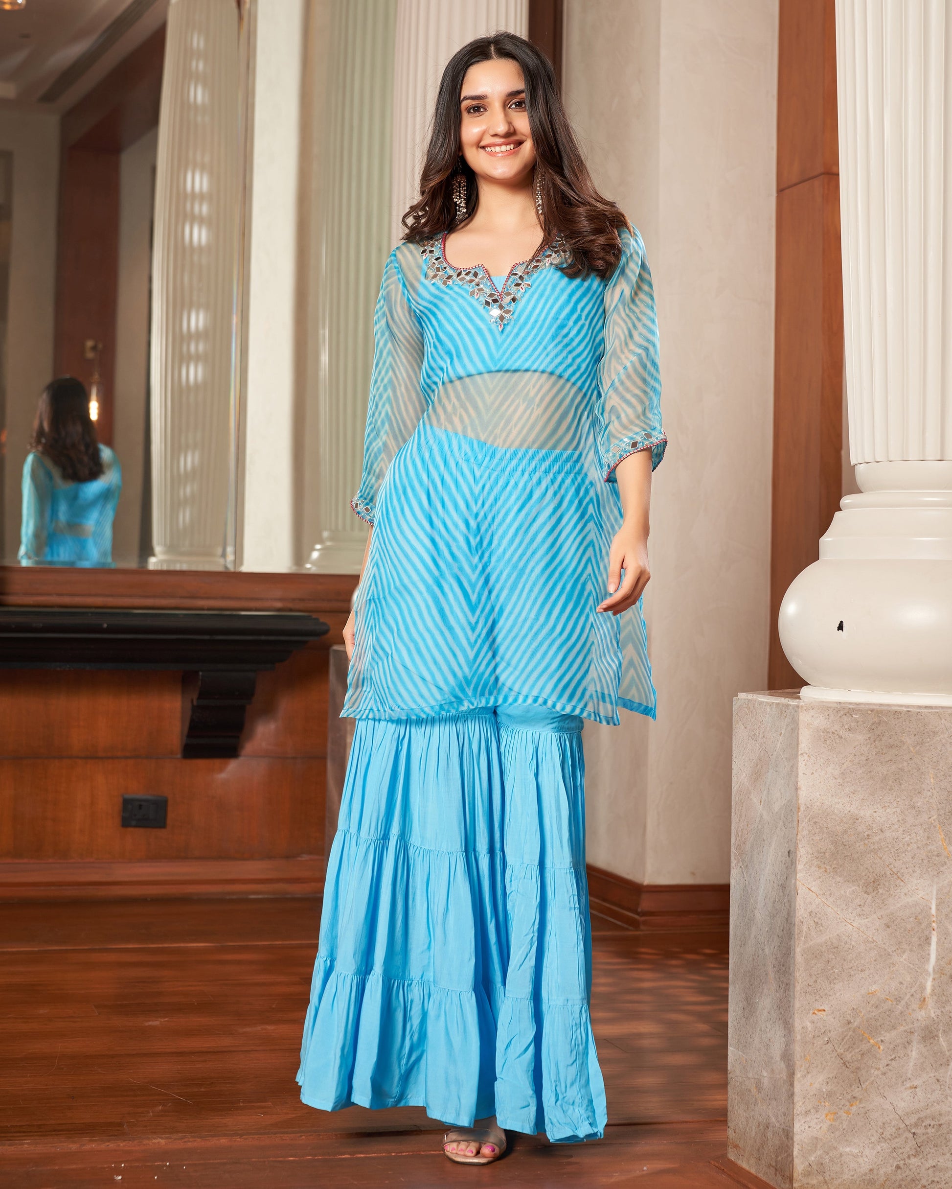 Tijori Light Blue Leheriya Organza Sharara Set Quick Cart
