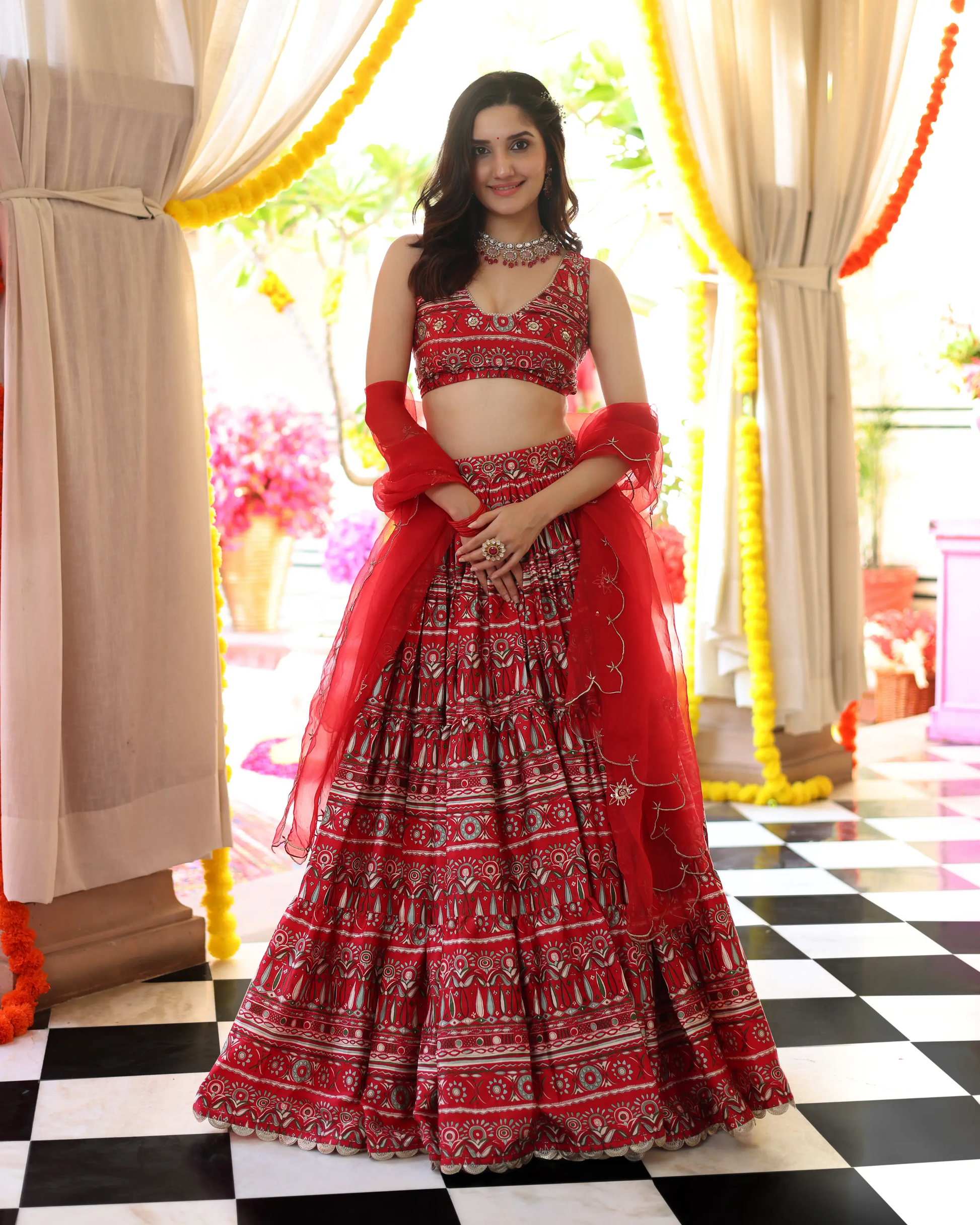 Red Hibiscus Haven Printed Satin Lehenga Set My Store