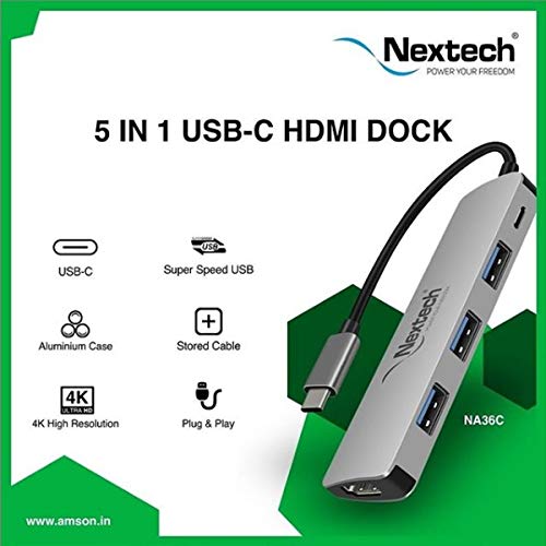 Nextech NA36C  5 in 1 USB Type-C Dock with HDMI, USB 3.0, PD 100W for Laptop with High Speed Data Transfer 5Gbps