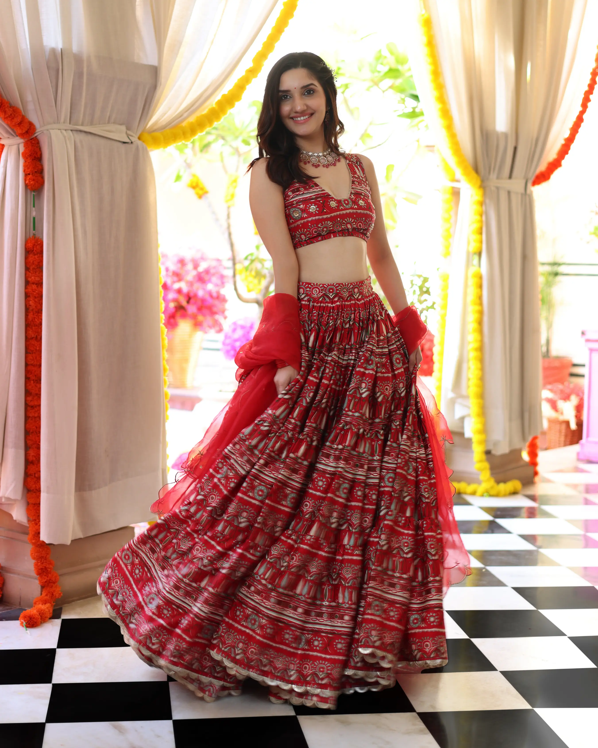Red Hibiscus Haven Printed Satin Lehenga Set My Store