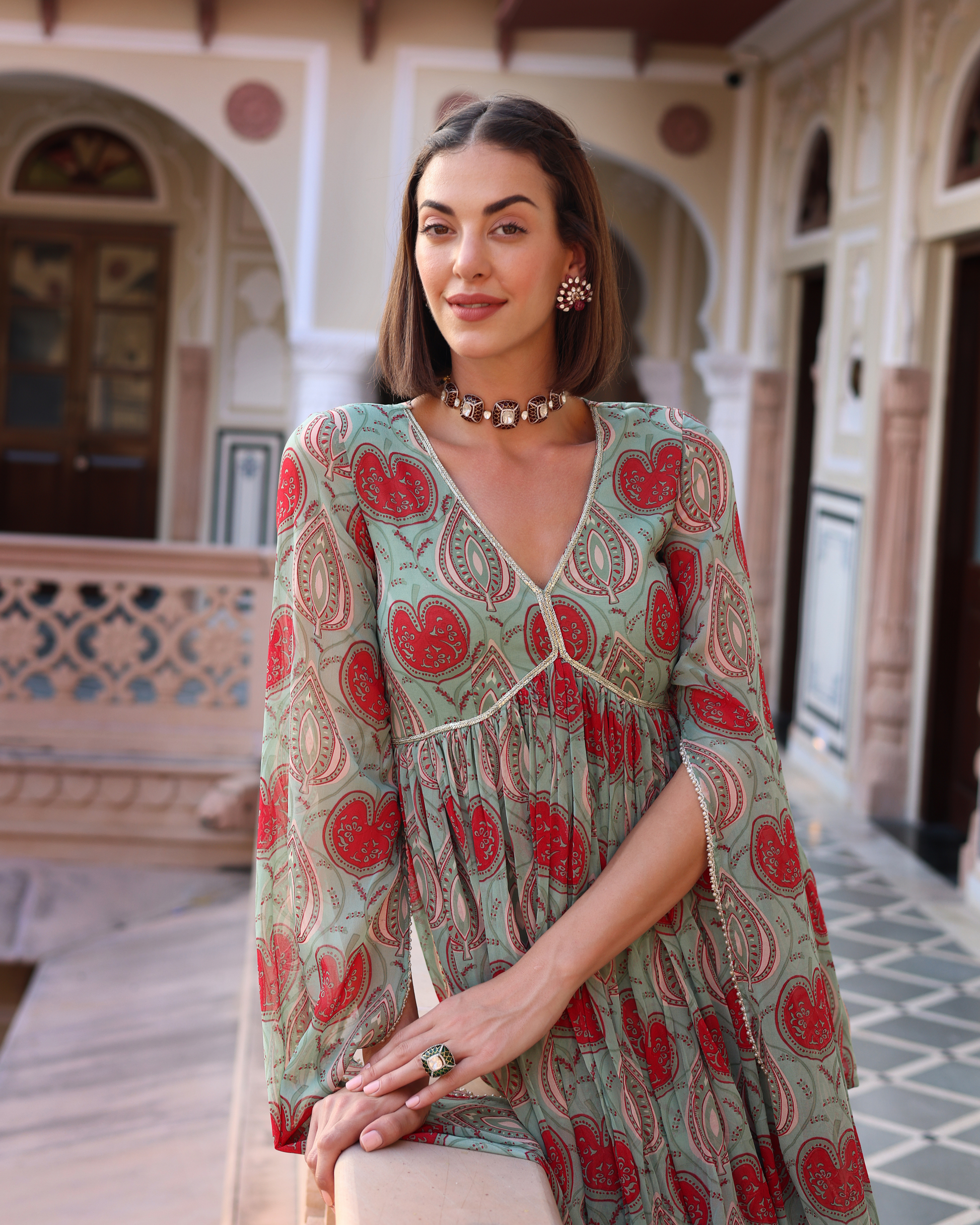 Turquoise Green Blush Printed Chinon Sharara Set Quick Cart