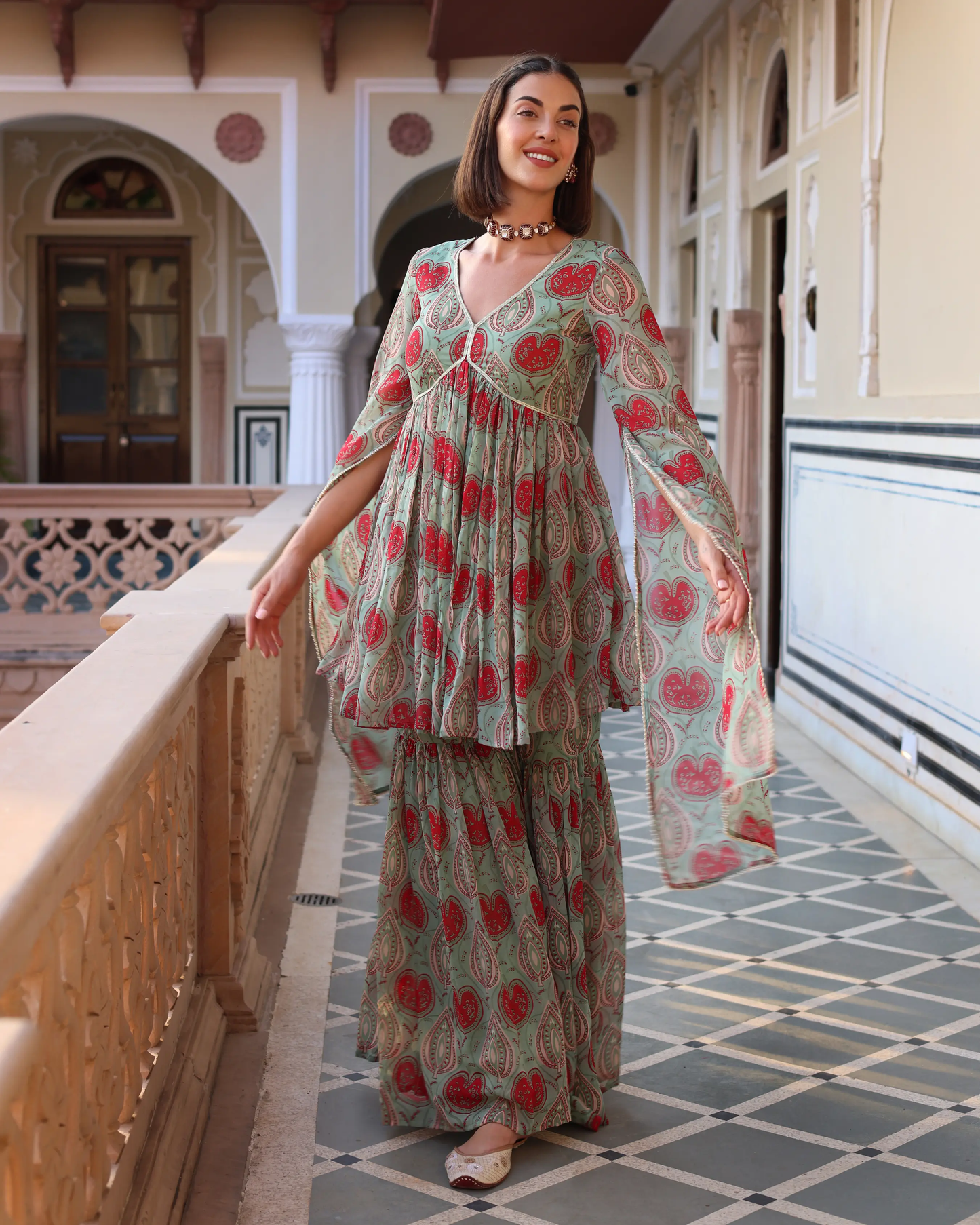 Turquoise Green Blush Printed Chinon Sharara Set My Store