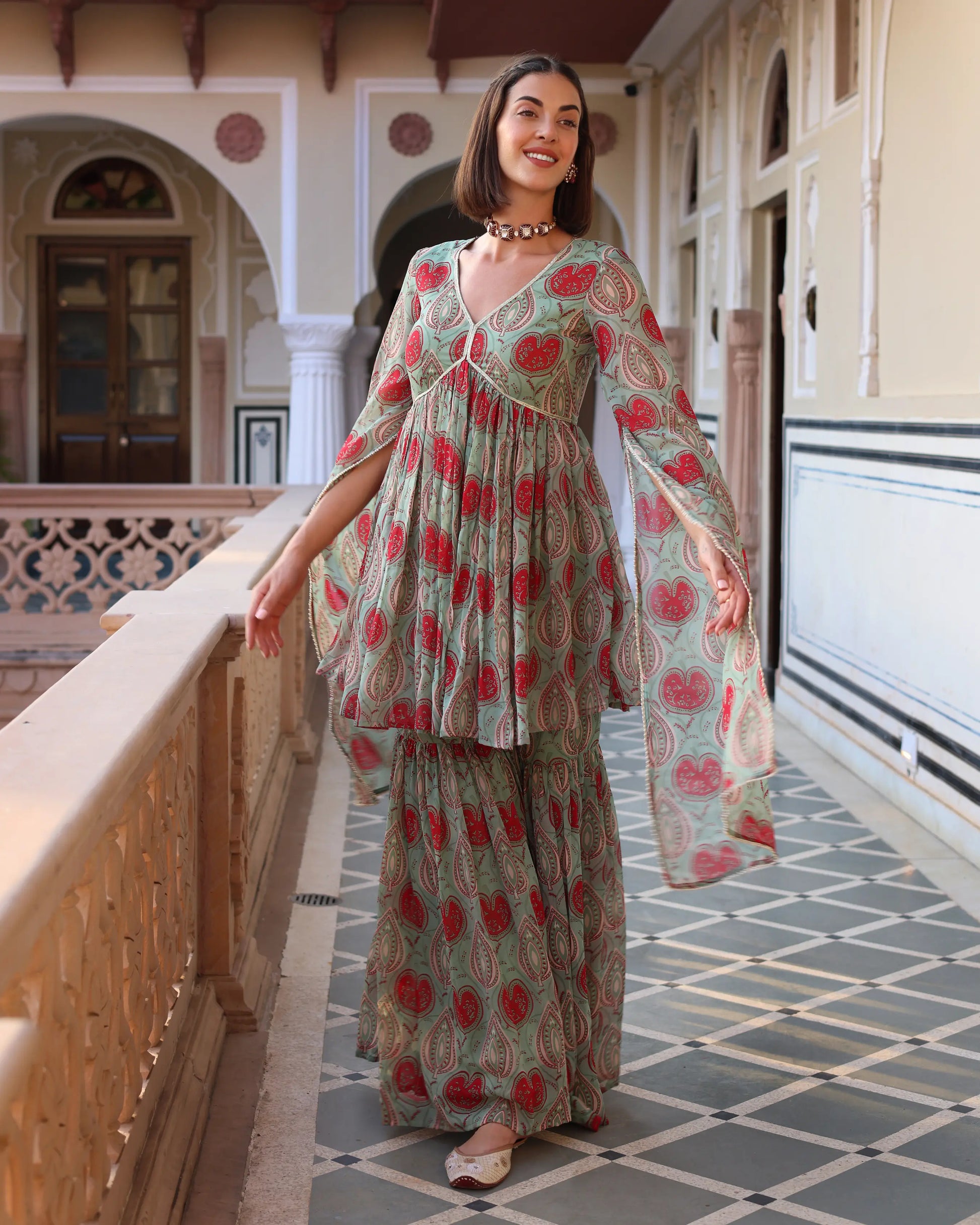 Turquoise Green Blush Printed Chinon Sharara Set My Store