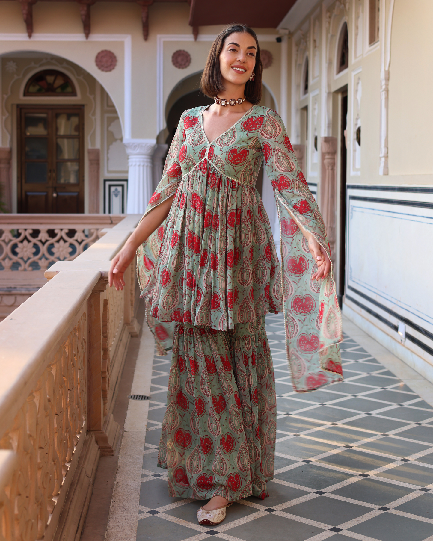 Turquoise Green Blush Printed Chinon Sharara Set Quick Cart