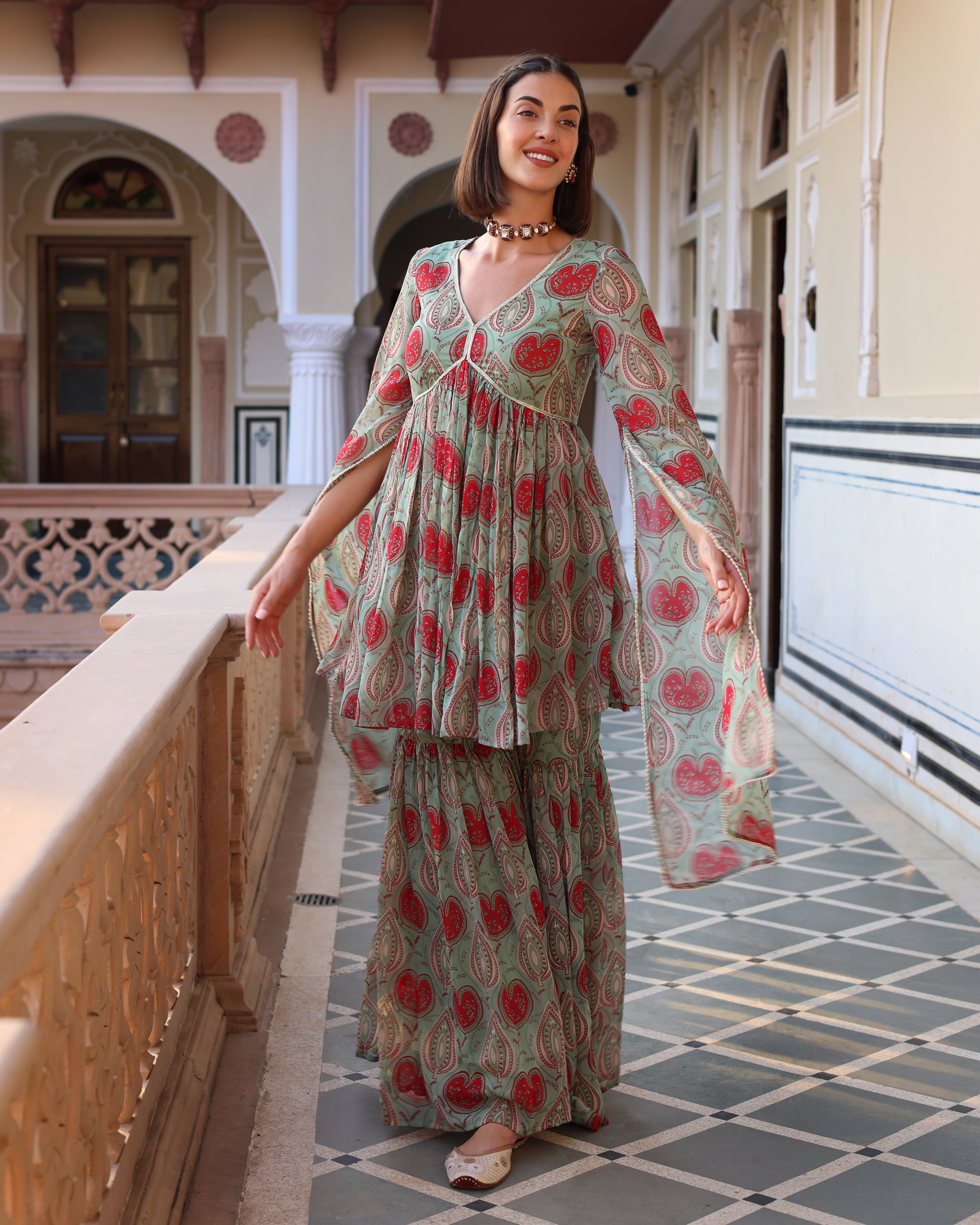 Turquoise Green Blush Printed Chinon Sharara Set Quick Cart