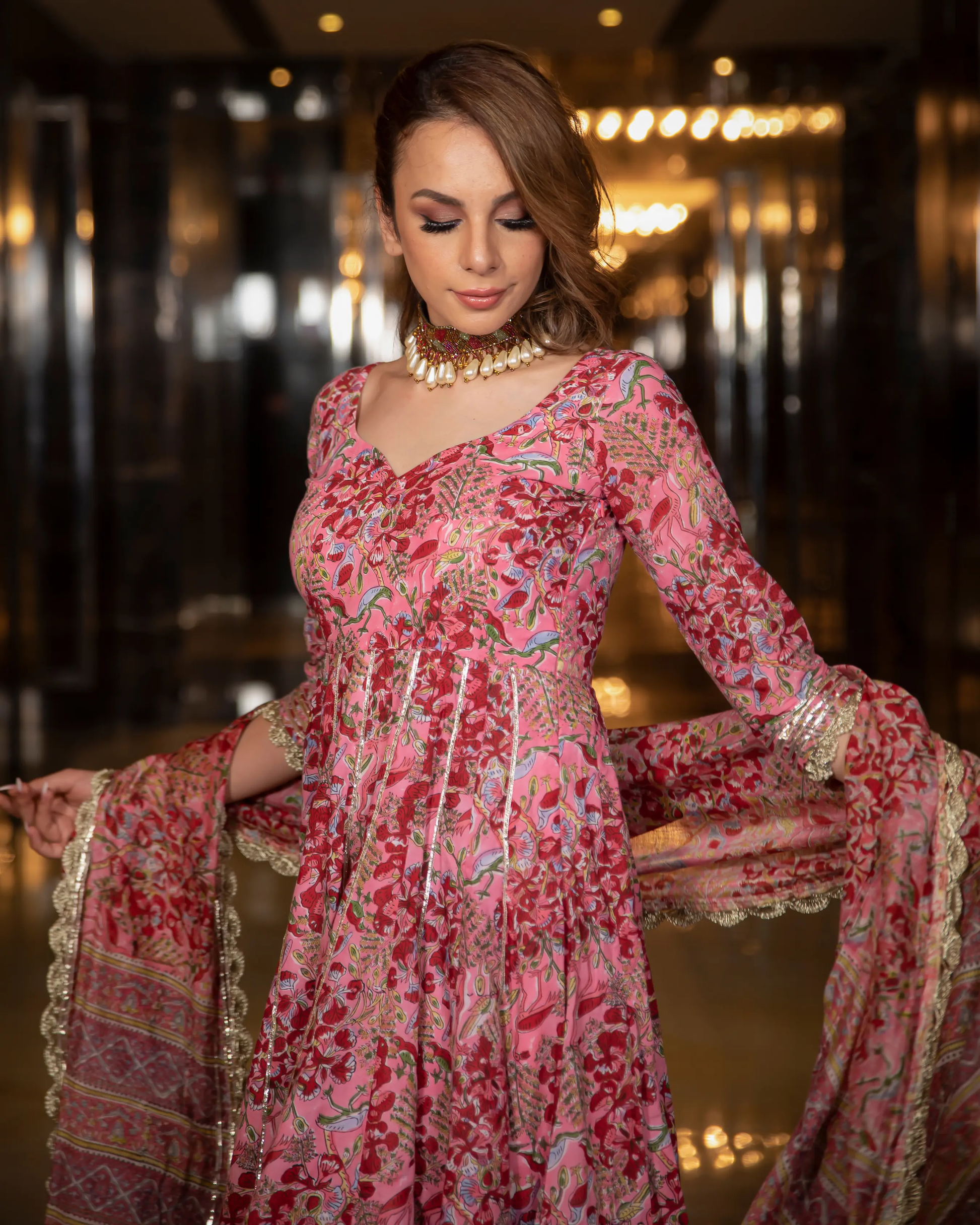 Poetic Bloom Handblock Gota Suit Set My Store