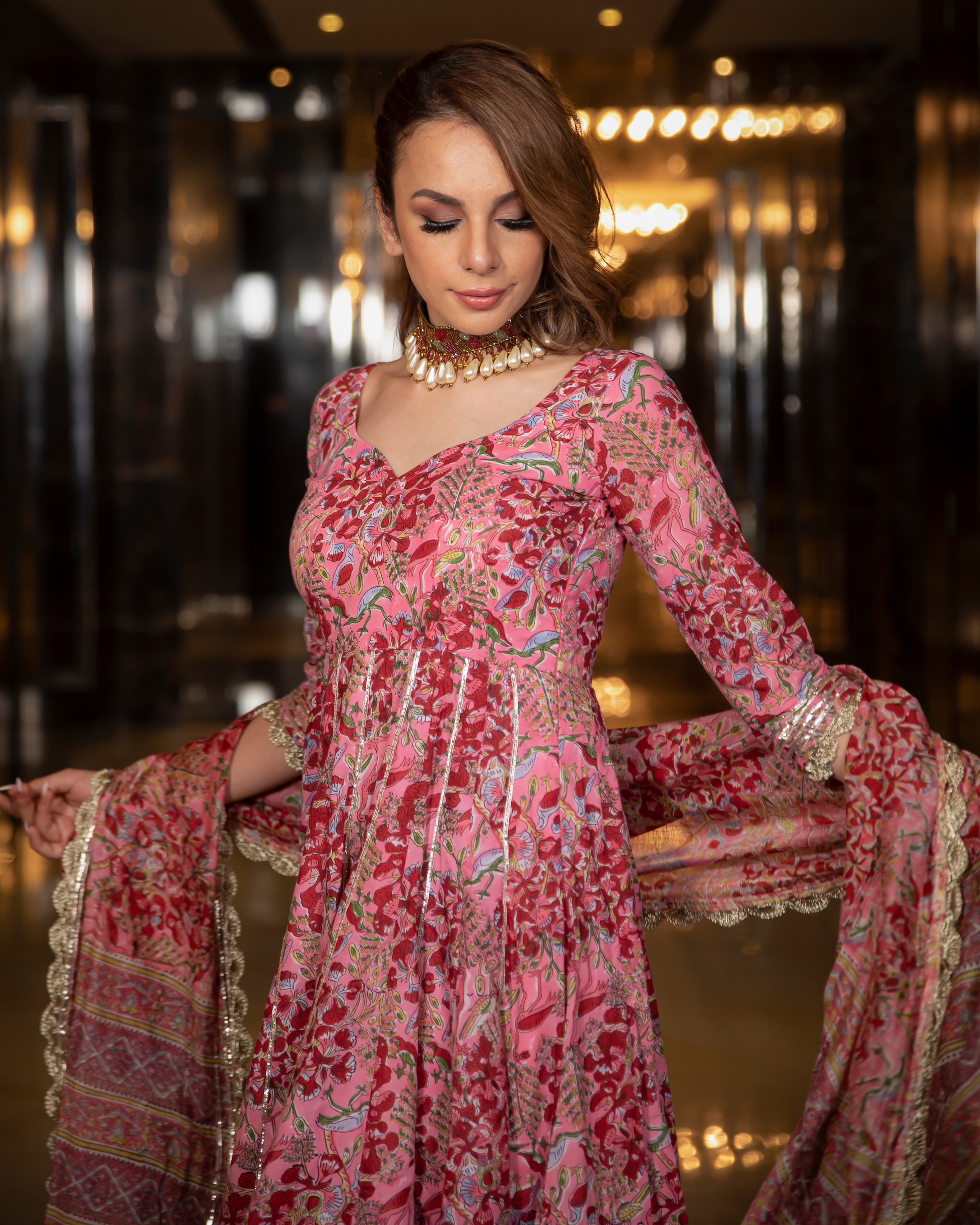 Poetic Bloom Handblock Gota Suit Set Quick Cart