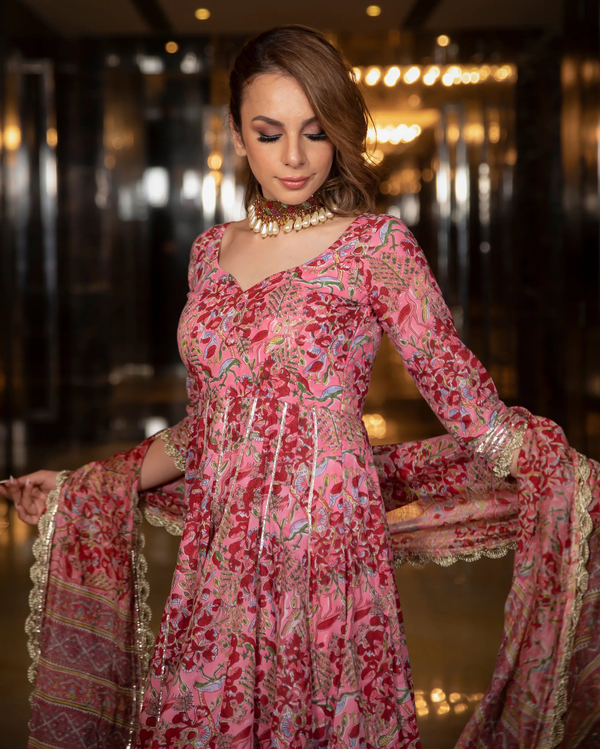 Poetic Bloom Handblock Gota Suit Set My Store