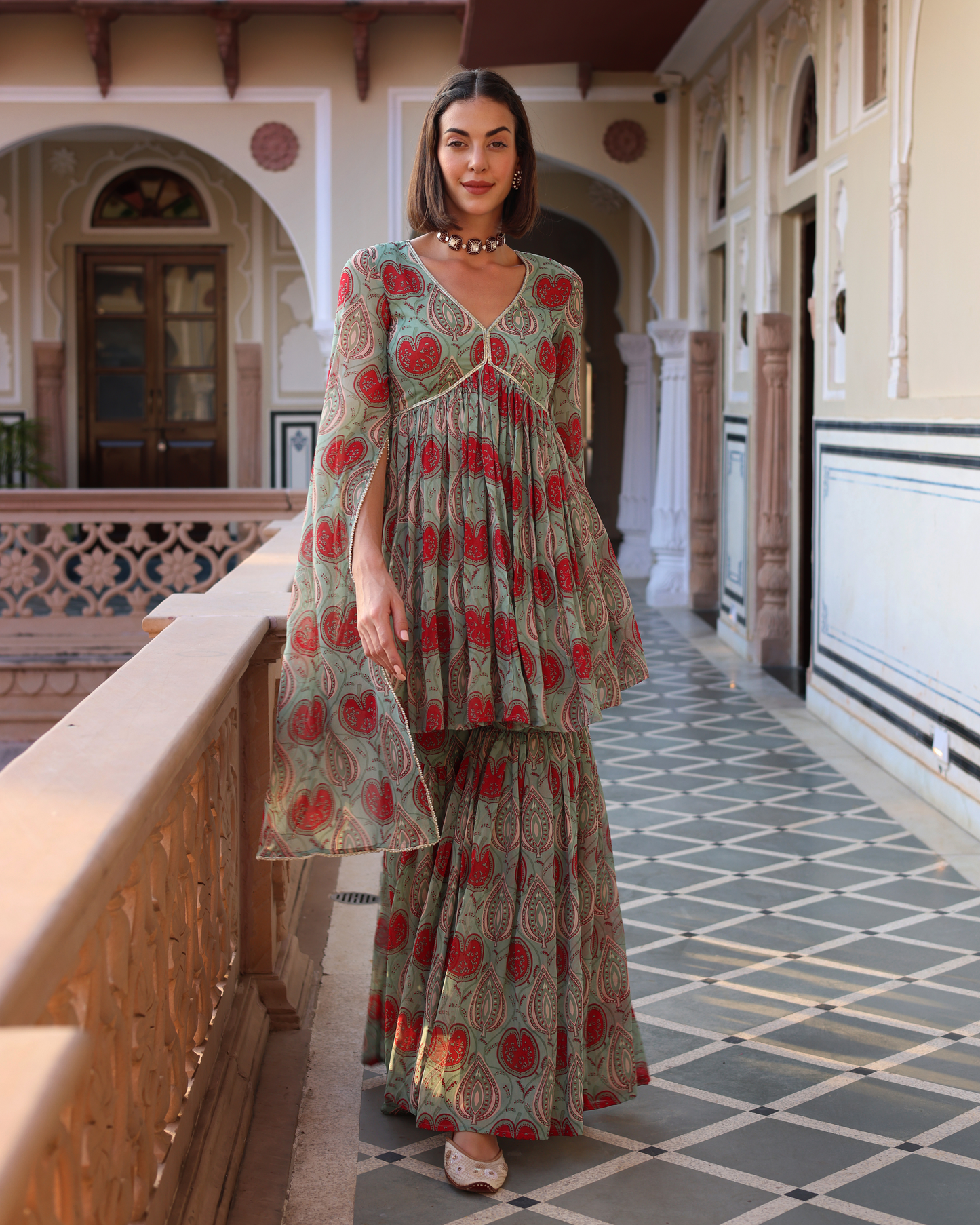 Turquoise Green Blush Printed Chinon Sharara Set Quick Cart