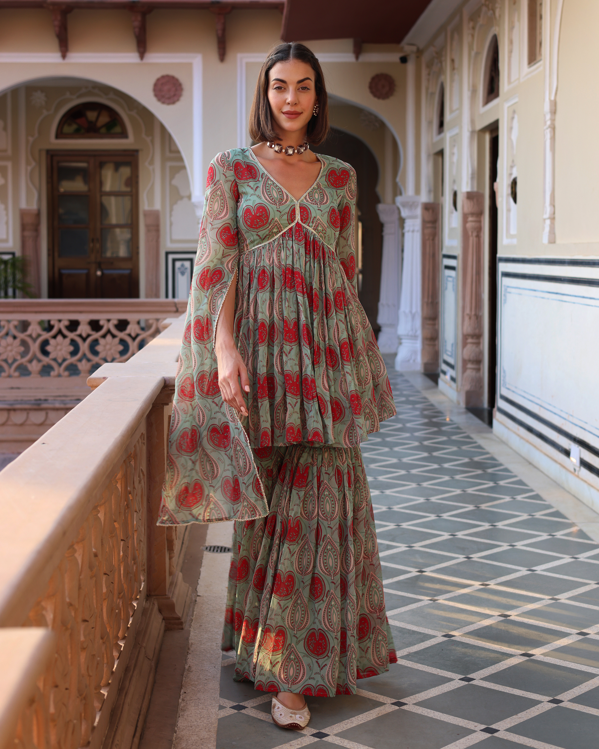 Turquoise Green Blush Printed Chinon Sharara Set Quick Cart