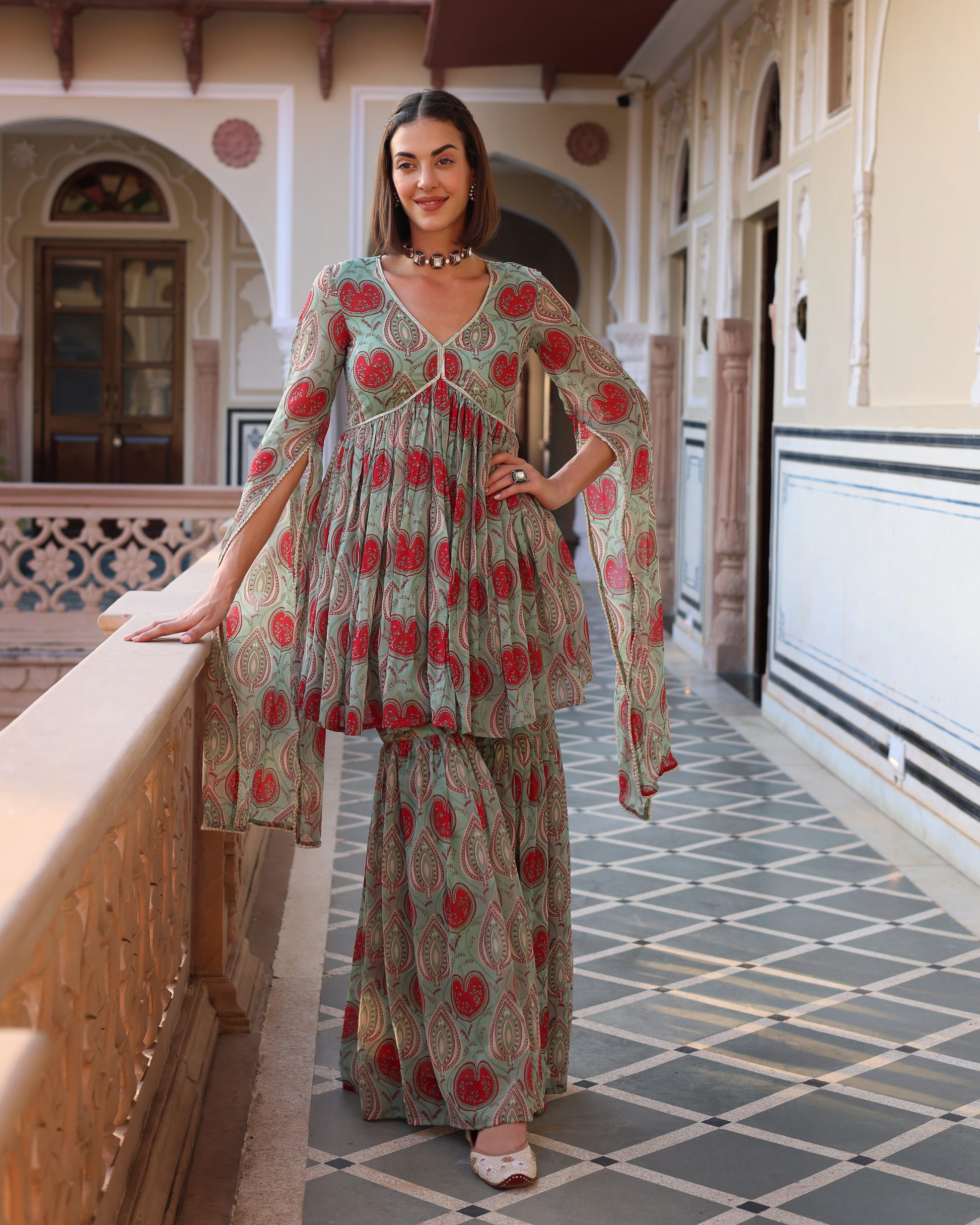 Turquoise Green Blush Printed Chinon Sharara Set Quick Cart