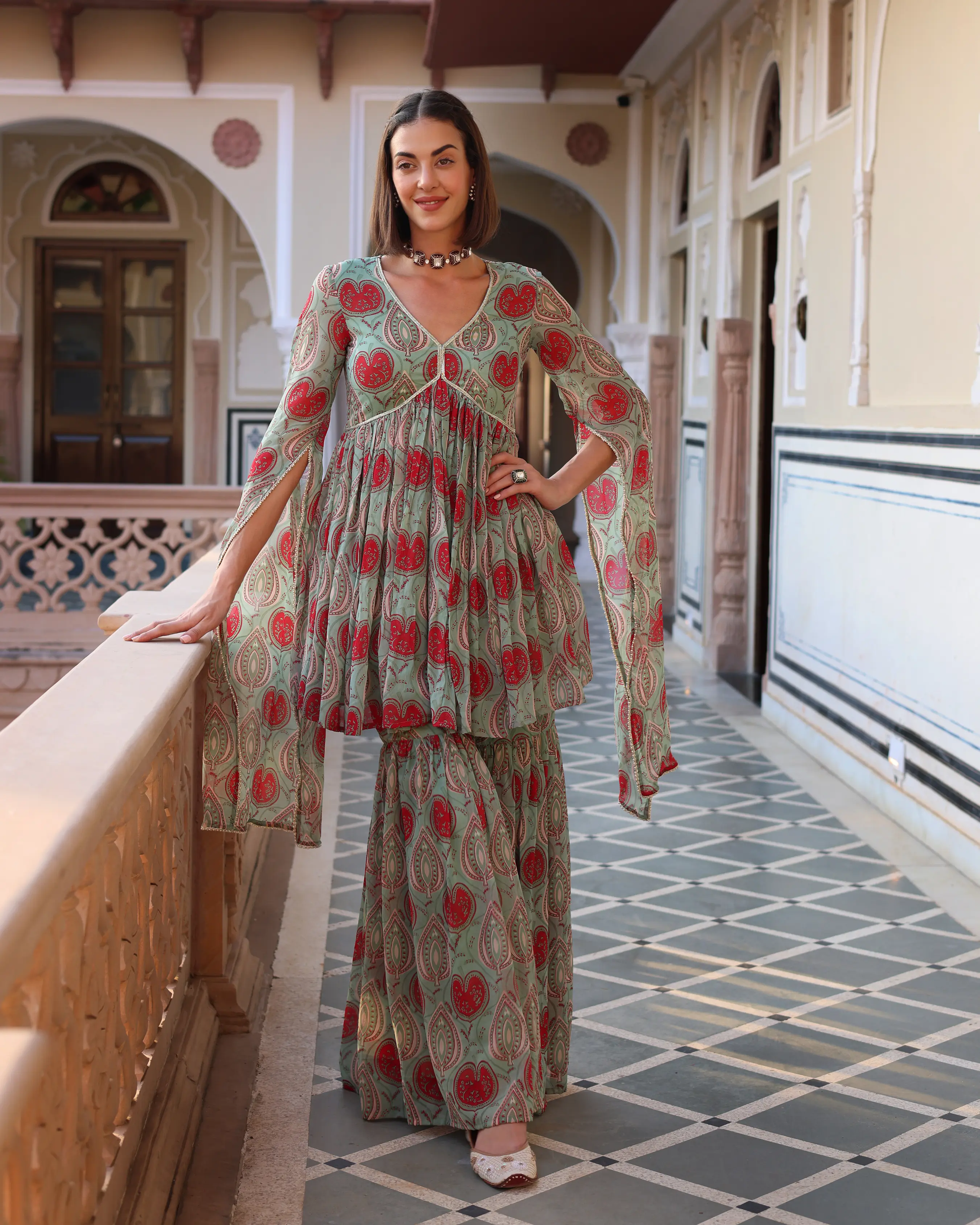 Turquoise Green Blush Printed Chinon Sharara Set My Store