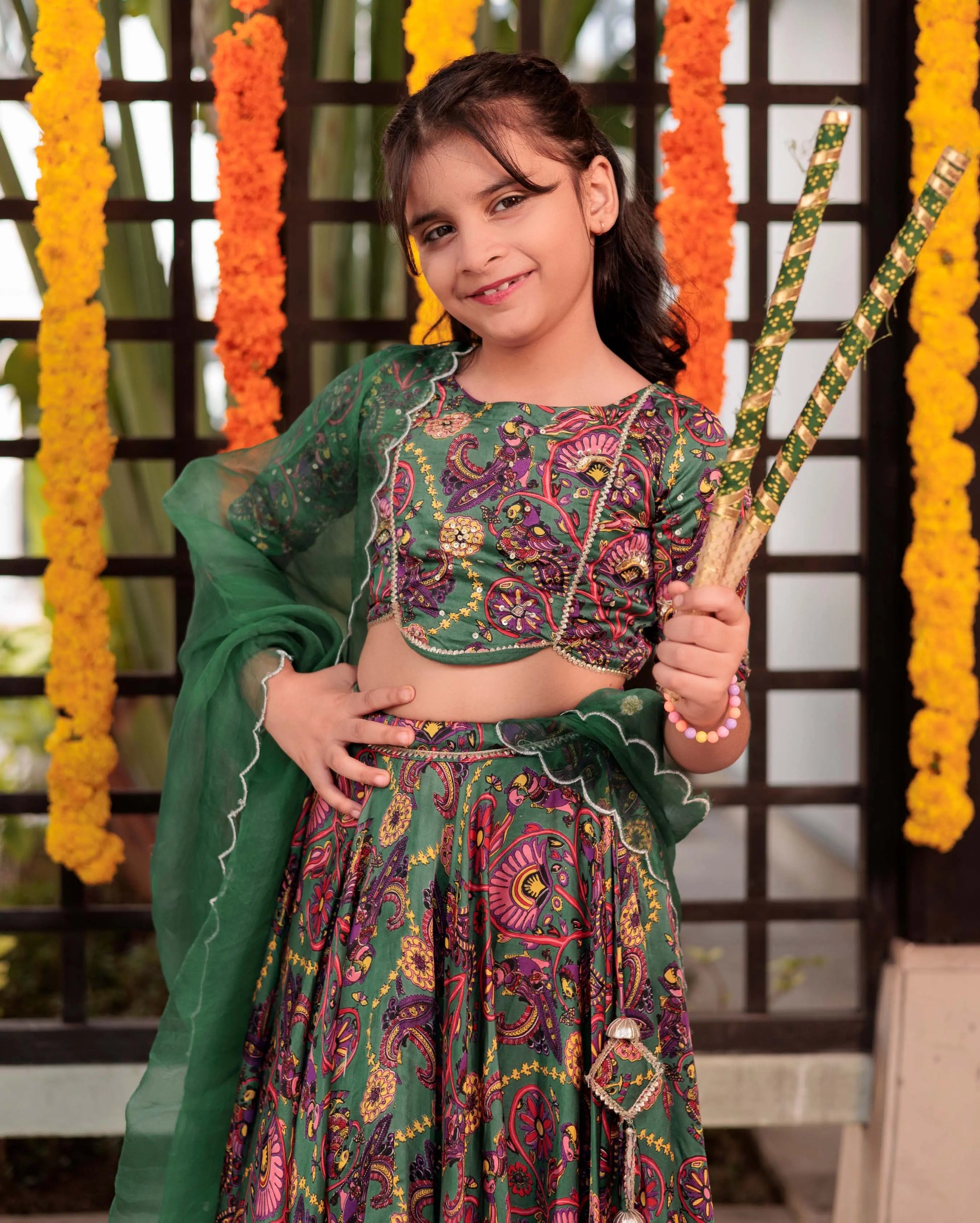 Starry Sprinkle Green Satin Lehenga Set My Store