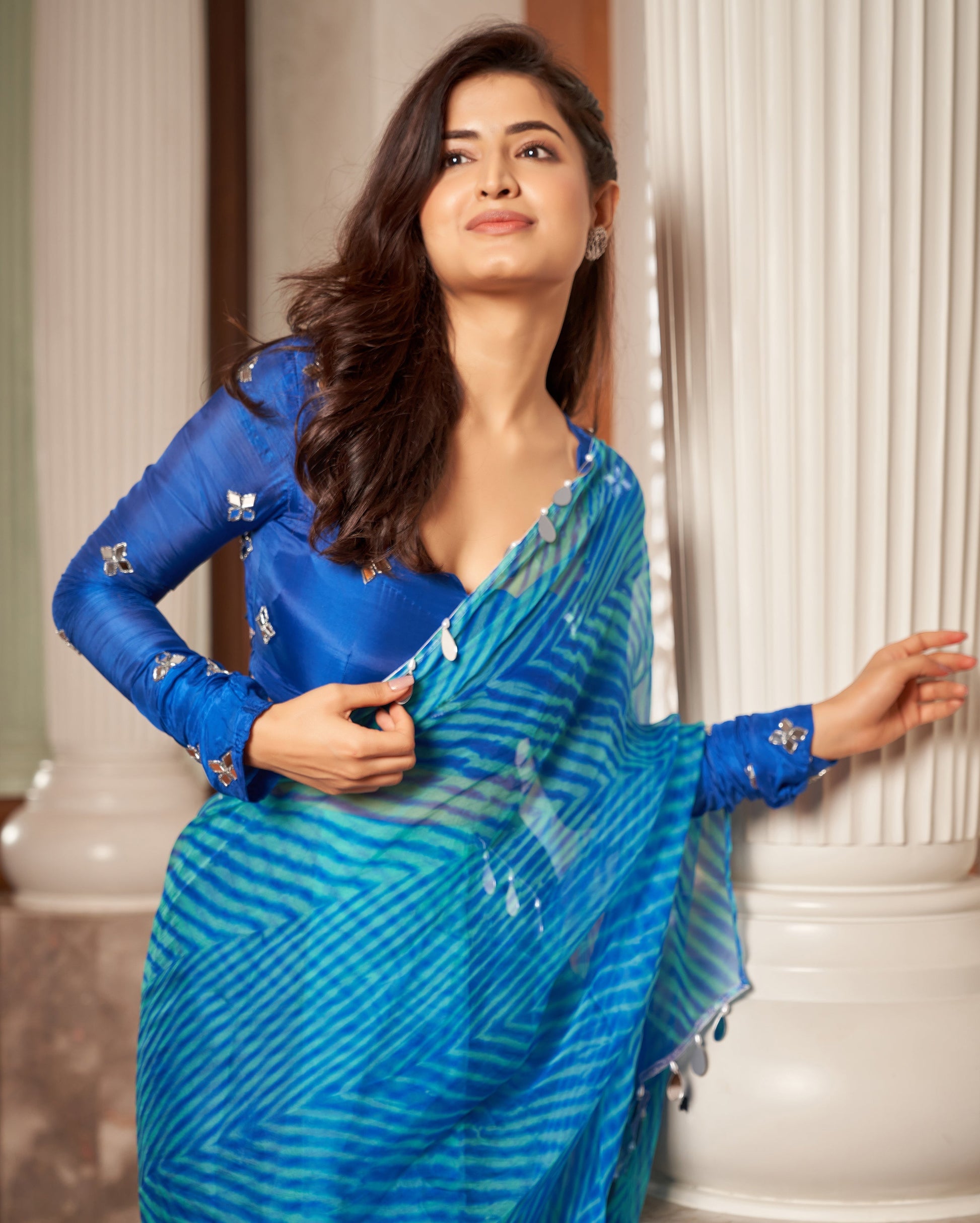 Neeru Blue Leheriya Organza Pre Draped Saree Quick Cart
