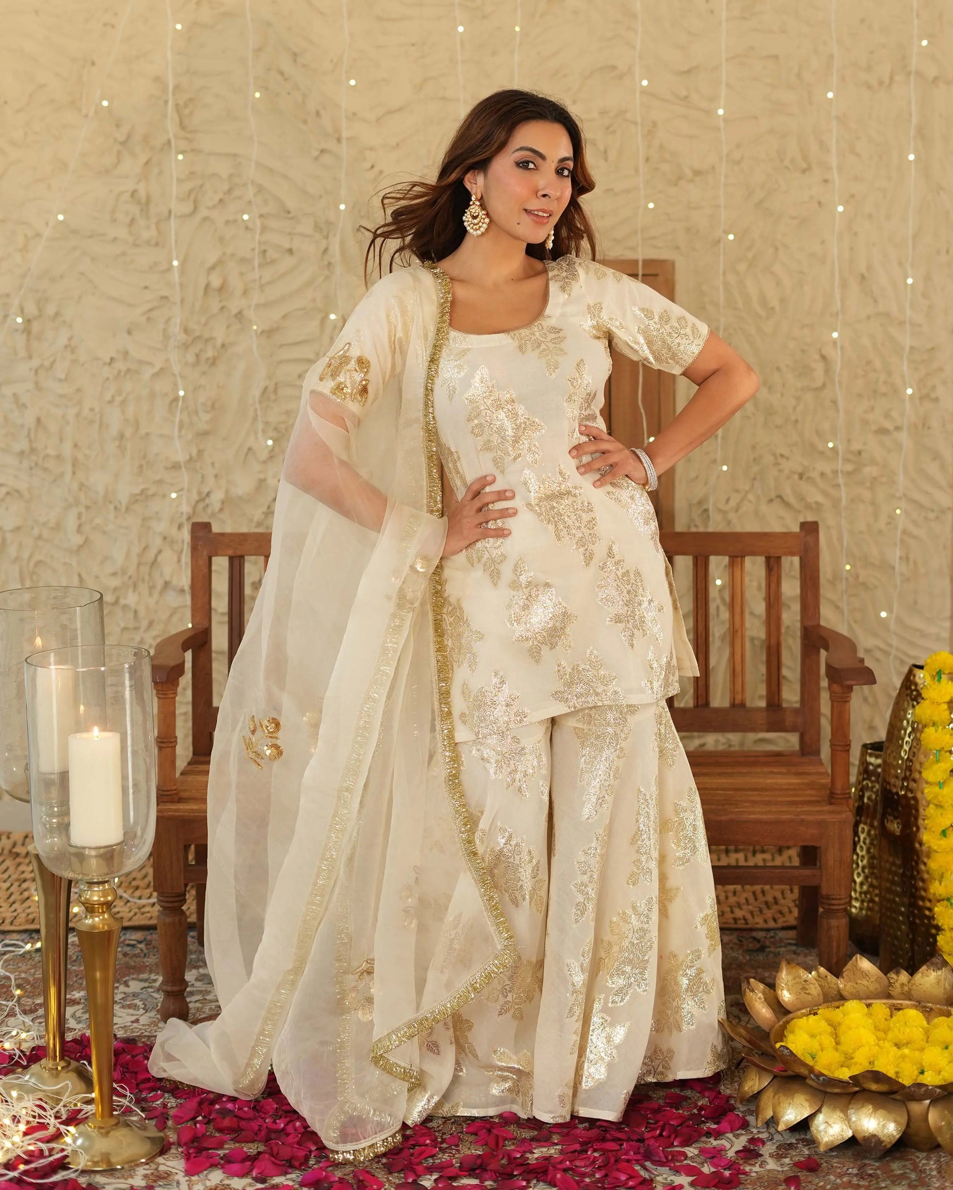 Shubh White Jacquard Sharara Set My Store