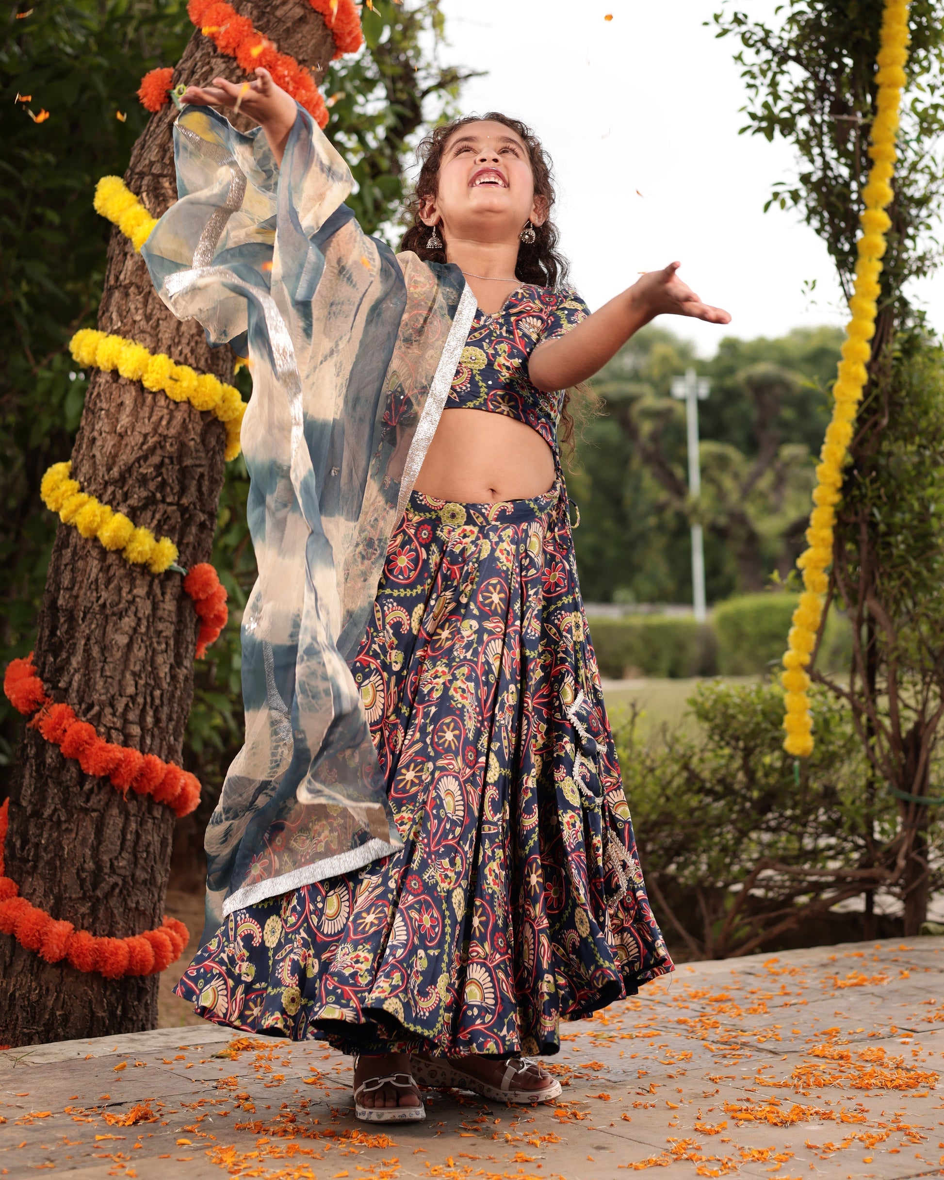 Taffy Blue Printed Embroidered Satin Lehenga Set My Store