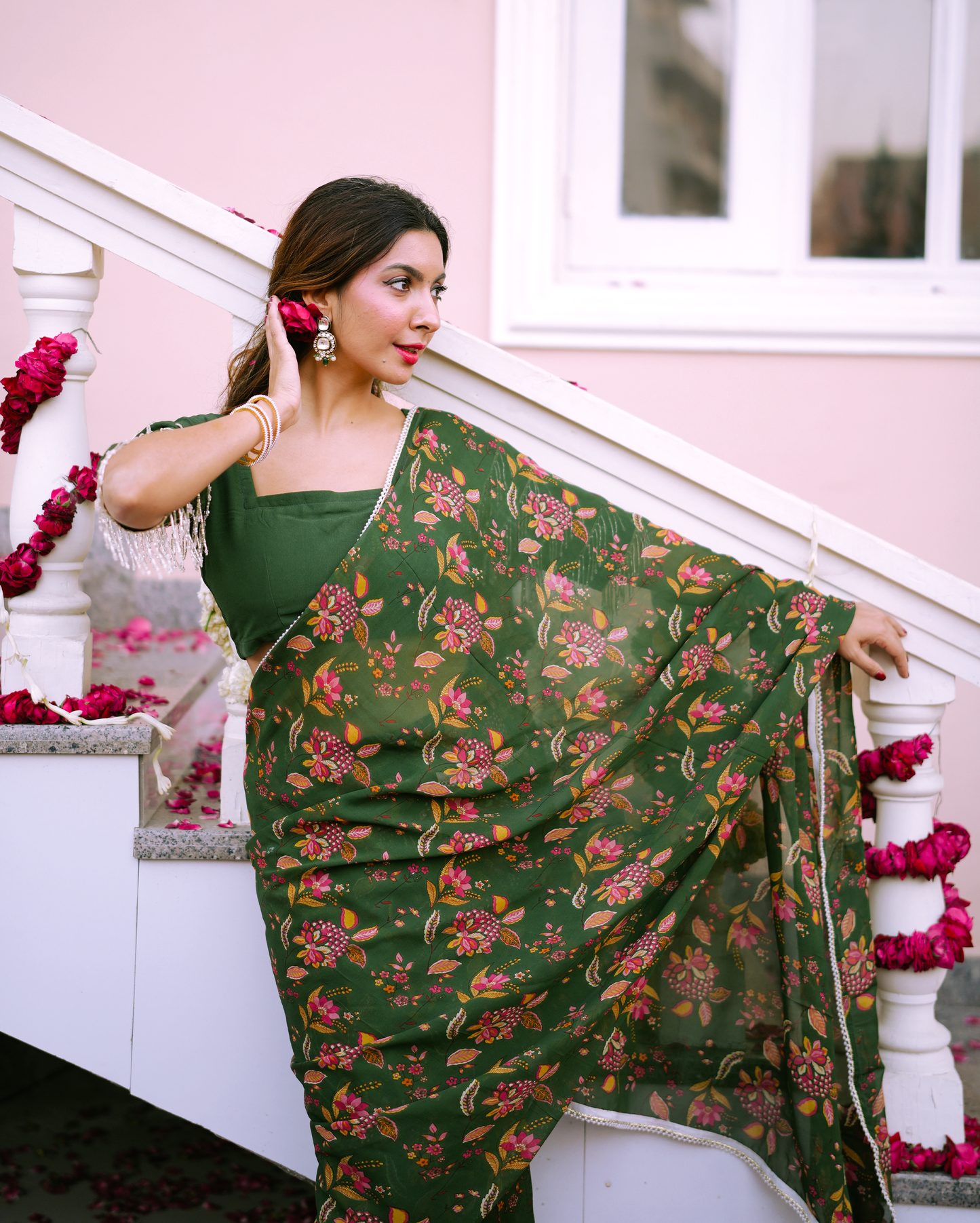 Kusum Green Printed Georgette Pre-draped Saree My Store