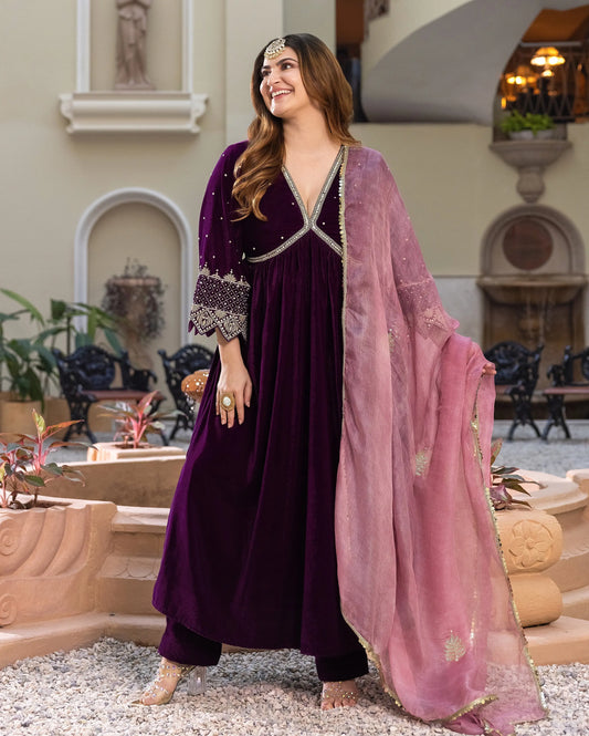 Jamni Purple Embroidered Velvet Suit Set My Store