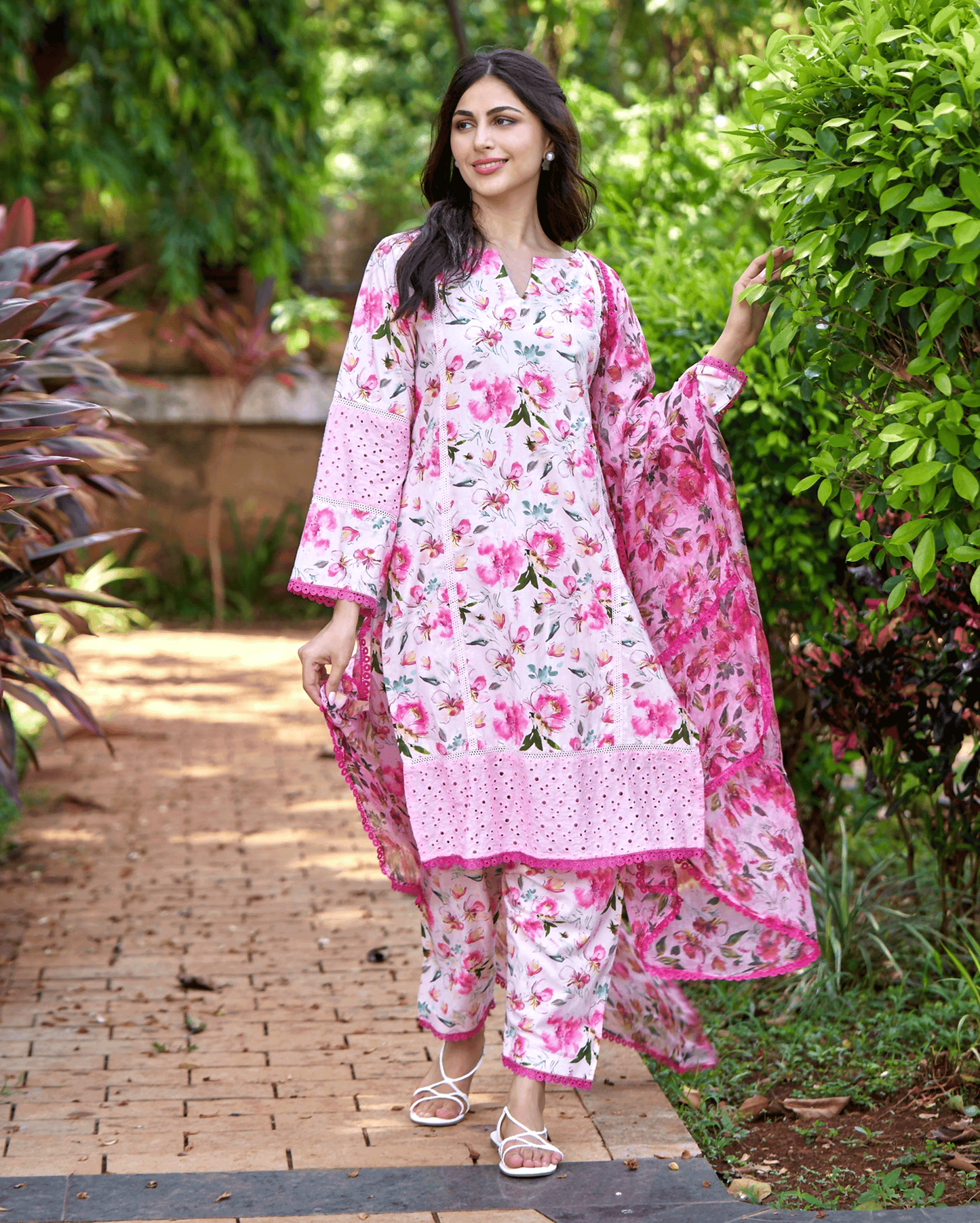 Plumeria Pink Printed Cotton Suit Set My Store