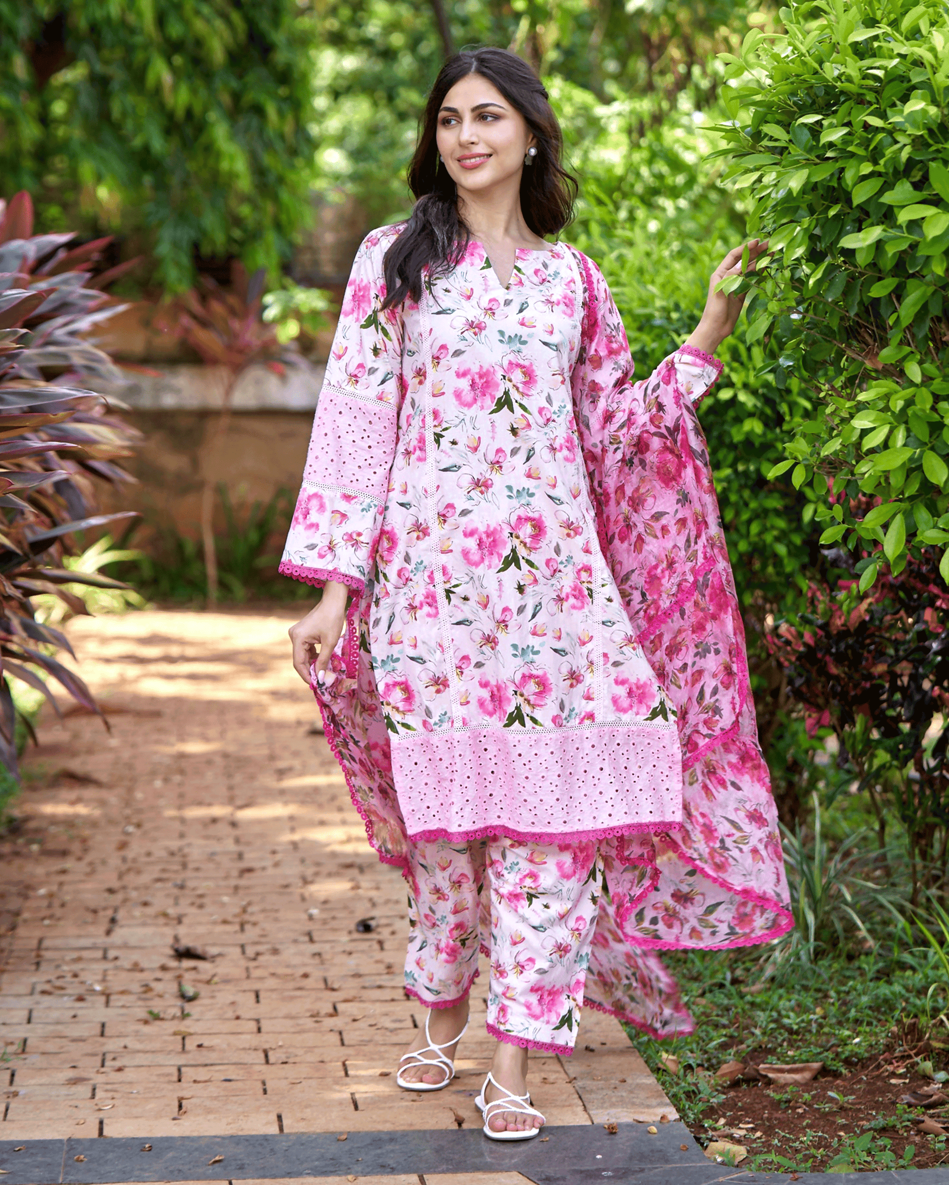 Plumeria Pink Printed Cotton Suit Set My Store