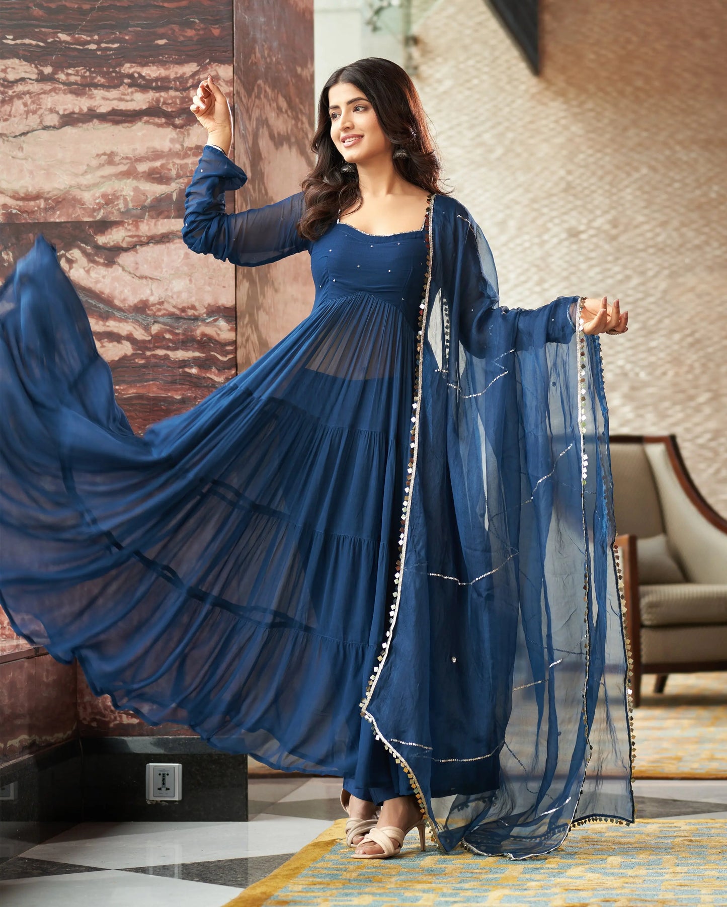 Aradhna Blue Embroidered Georgette Suit Set My Store