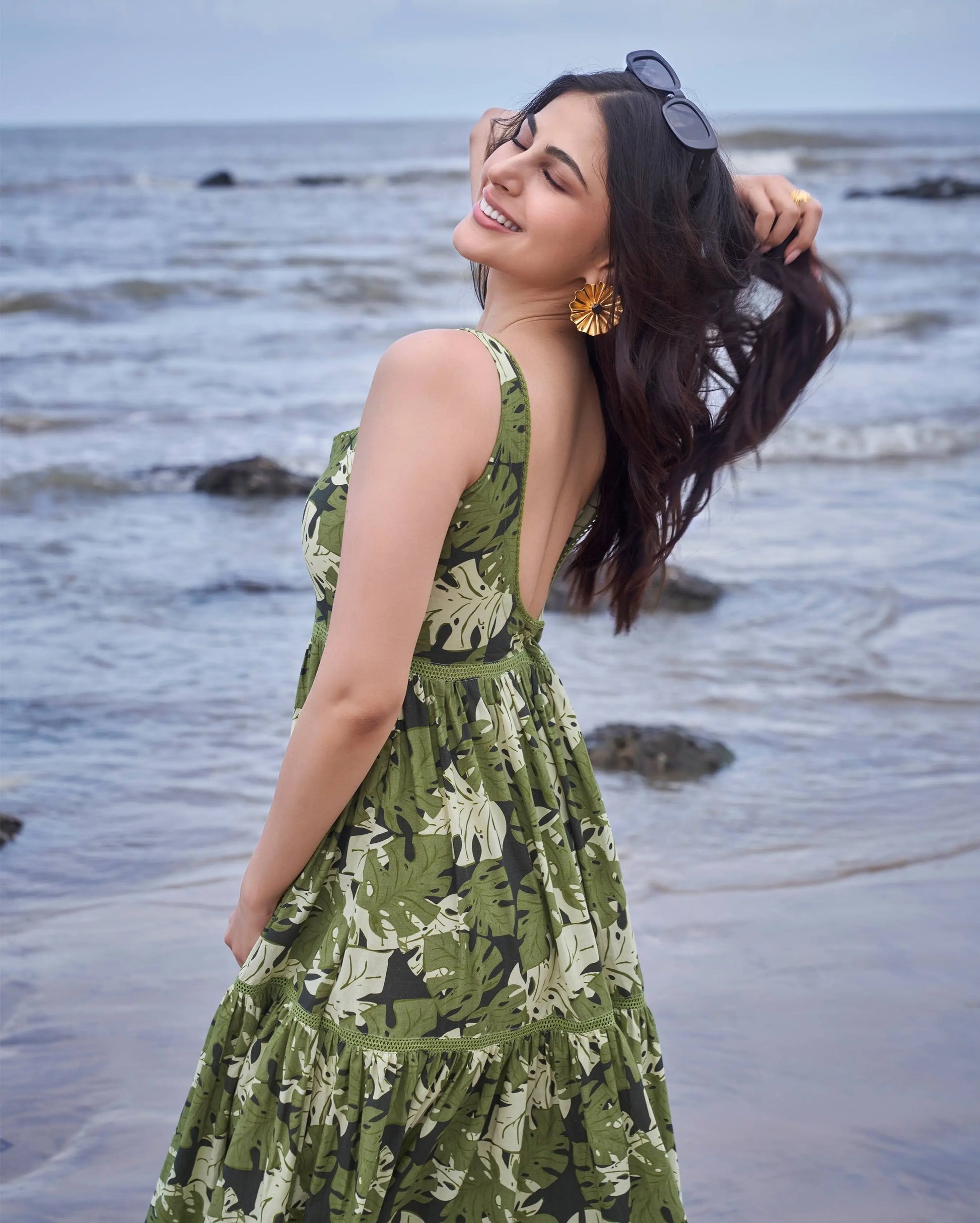 Tropical Dark Green Printed Cotton Dress My Store