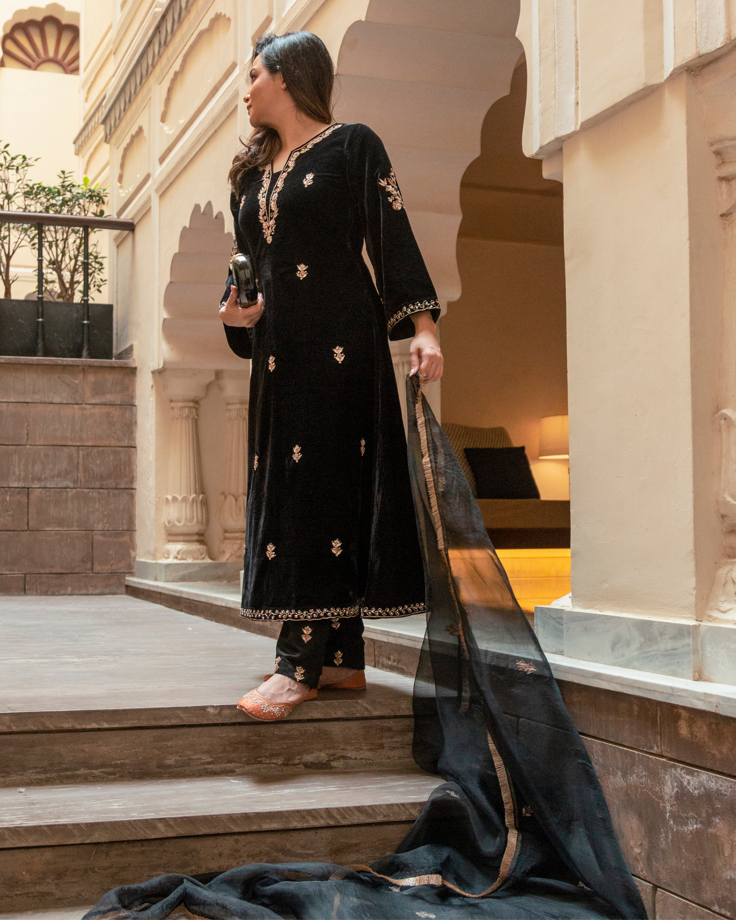 Slate Black Velvet Handcrafted Suit Set Quick Cart