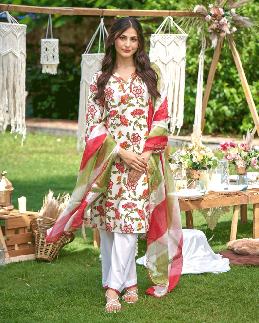 Sunrise Bloom Red Printed Cotton Suit Set My Store
