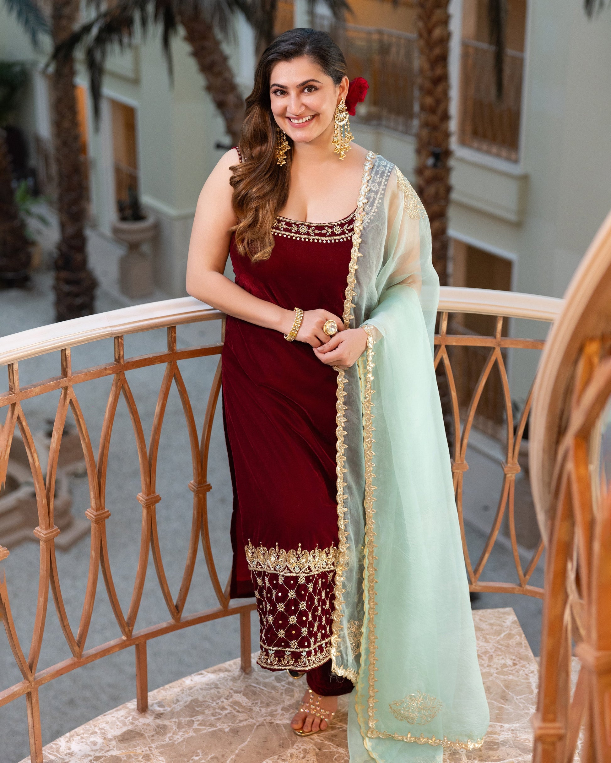 Muglahi Maroon Embroidered Velvet Suit Set My Store