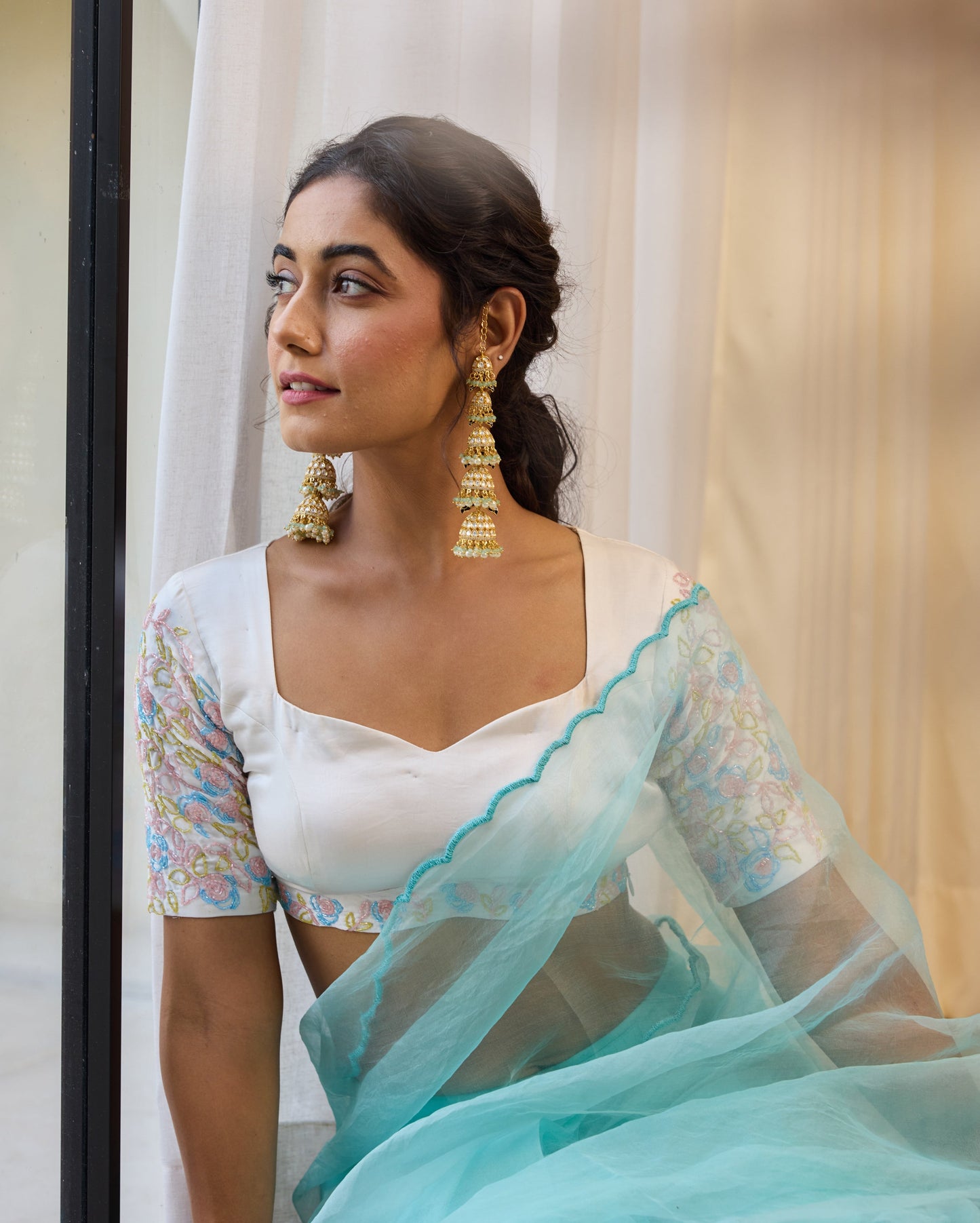 Meadow Whisper White Chanderi Embroidered Blouse My Store