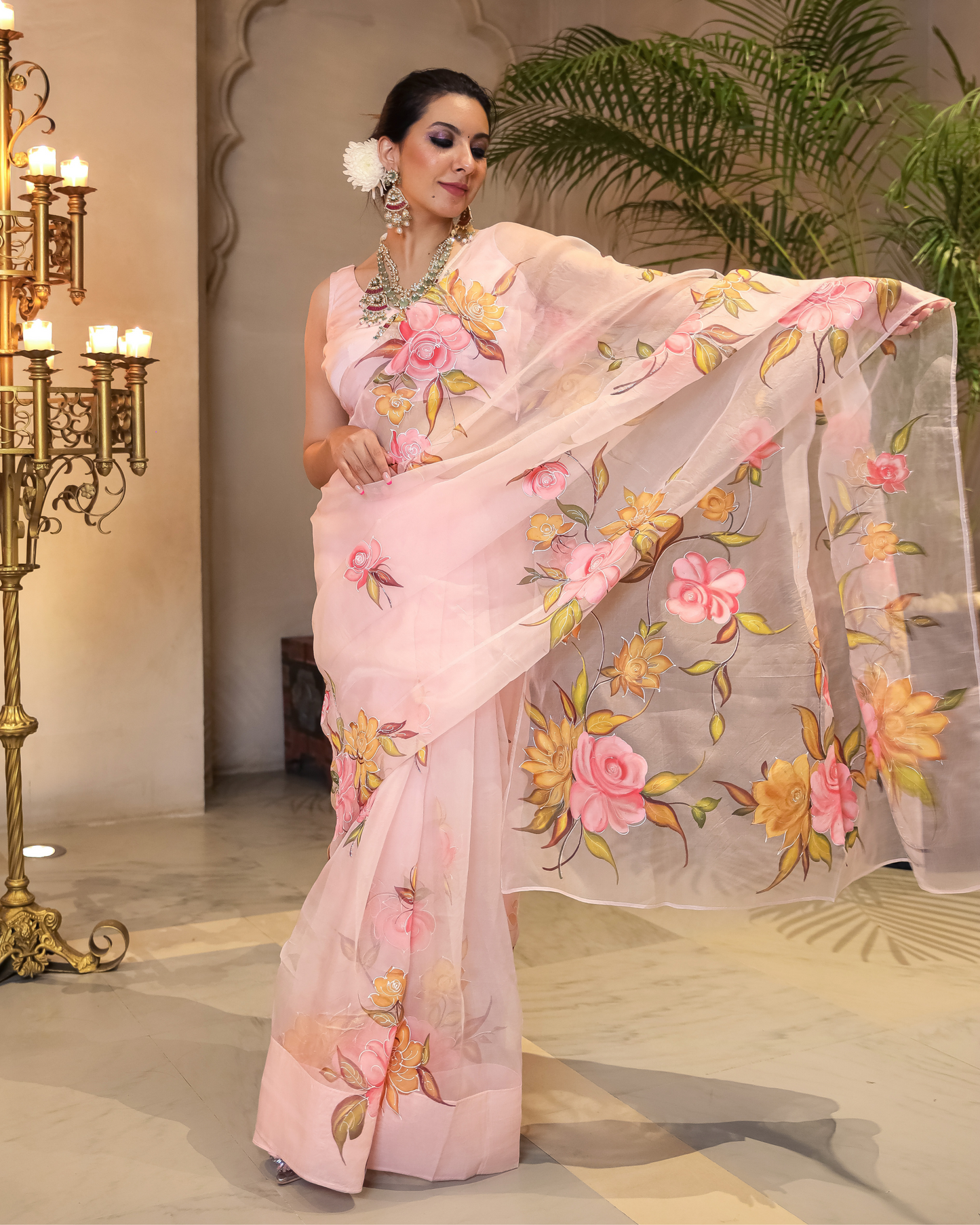 Peach Aura Embellished Handpainted Organza Silk Saree Quick Cart