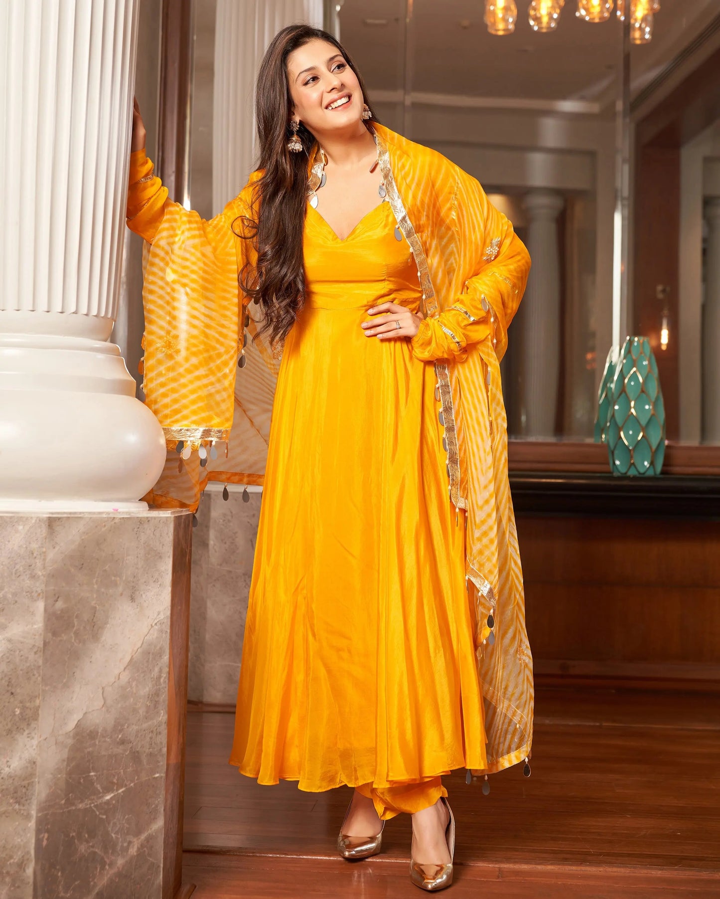 Avittam Mustard Yellow Leheriya Silk Suit Set My Store