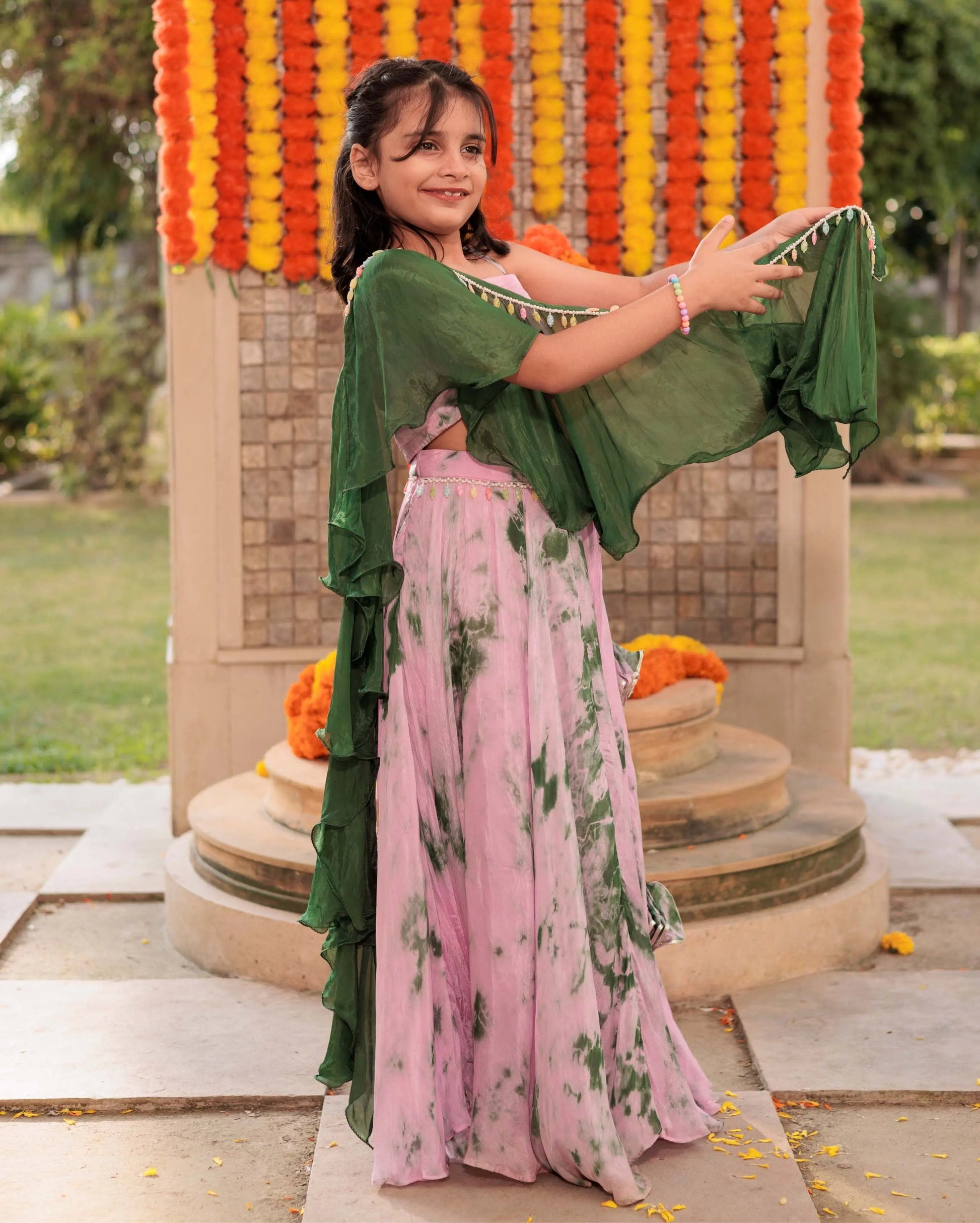 Rainbow Ripple Pink Green Tie Dye Silk Lehenga set My Store