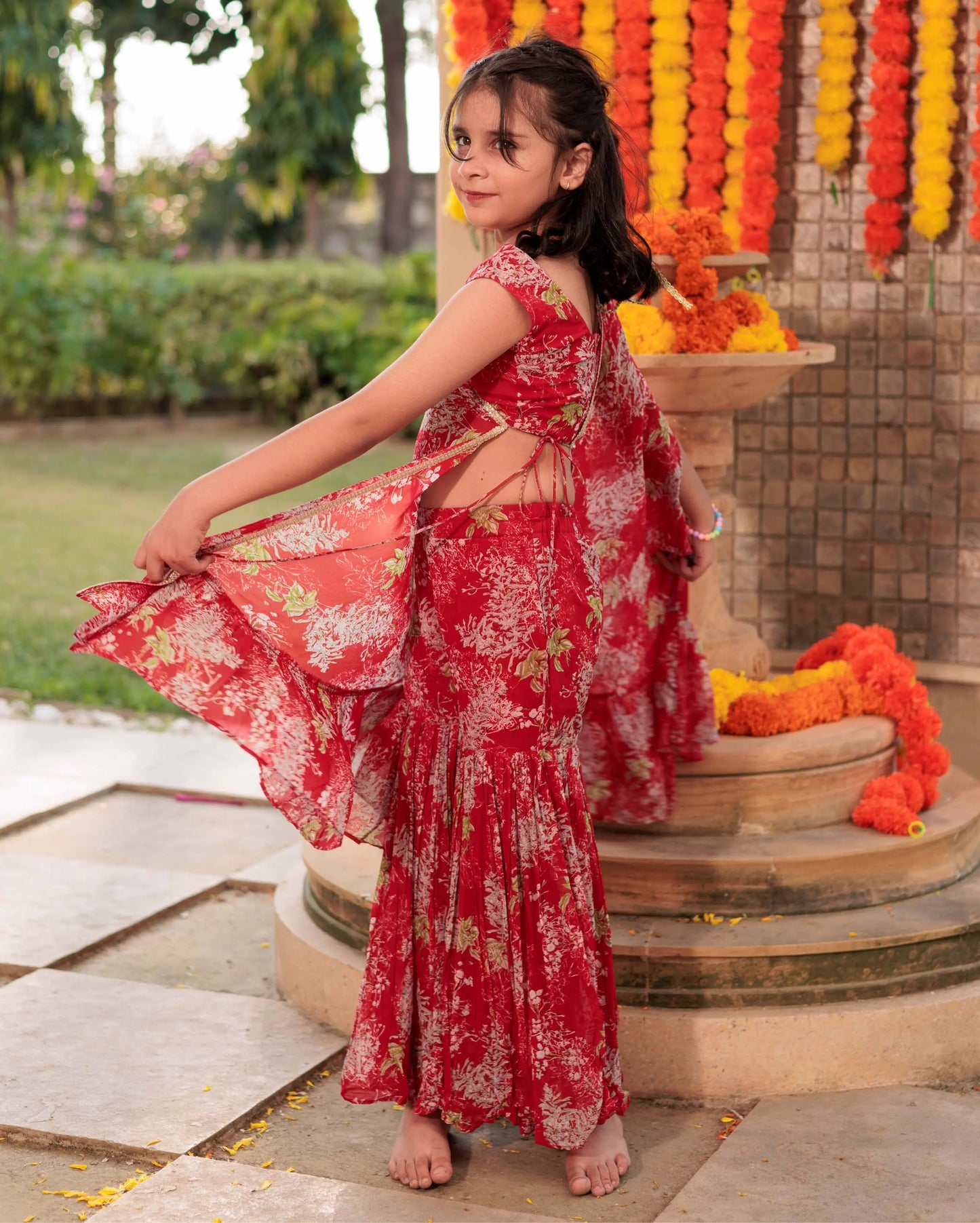 Scarlet Siren Red Georgette Cape Sharara Set My Store