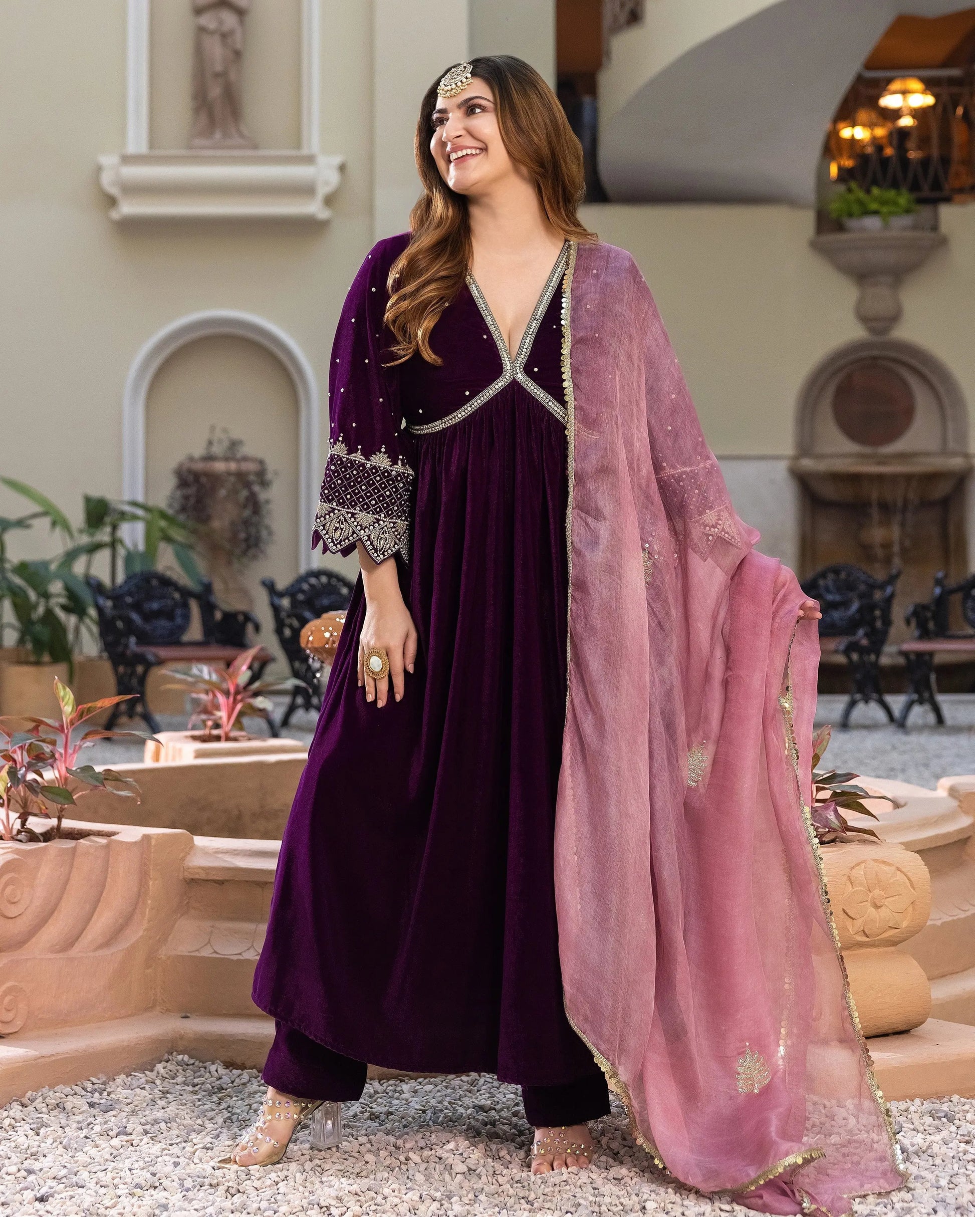 Jamni Purple Embroidered Velvet Suit Set My Store