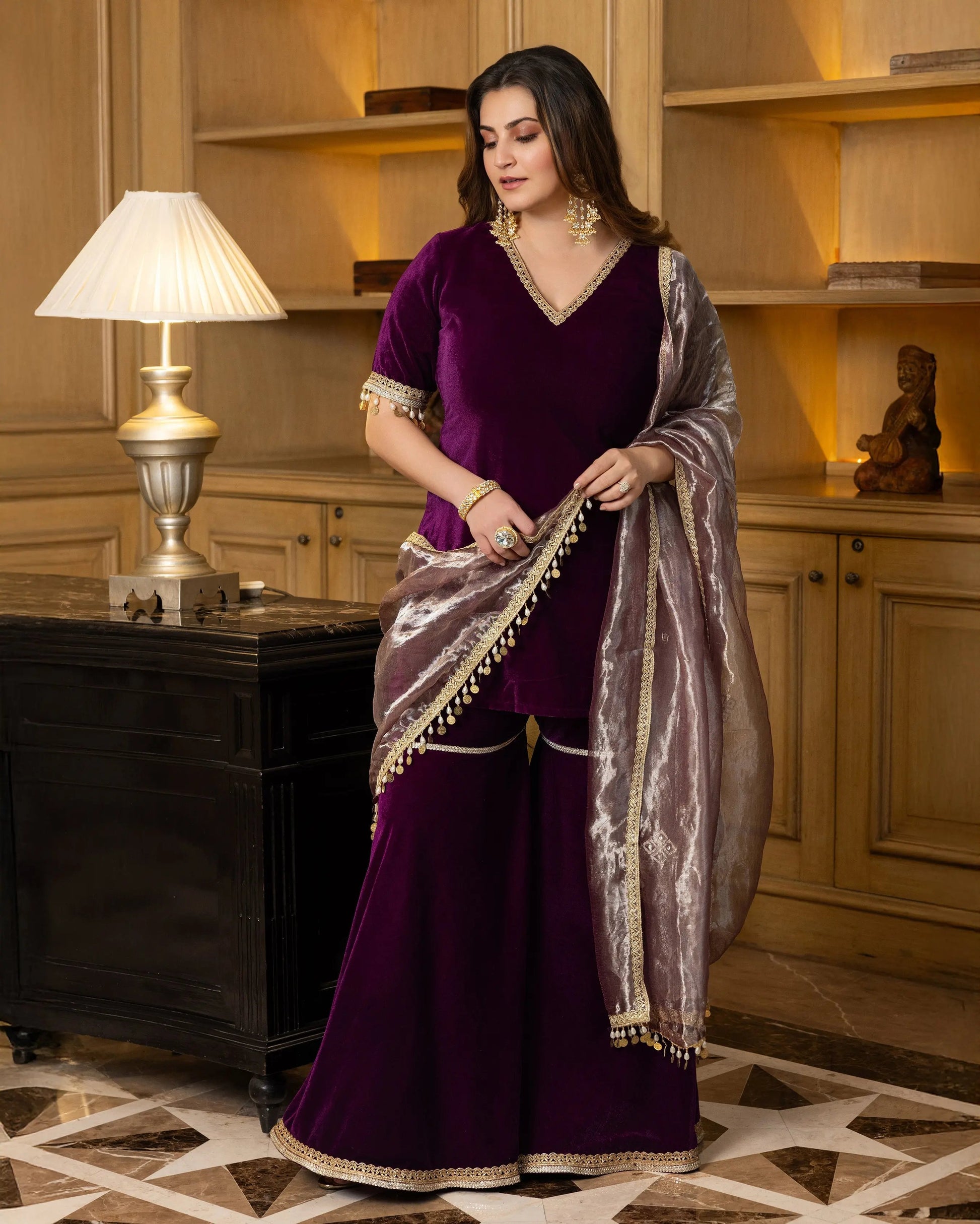 Jawahar Purple Solid Velvet Sharara Set My Store