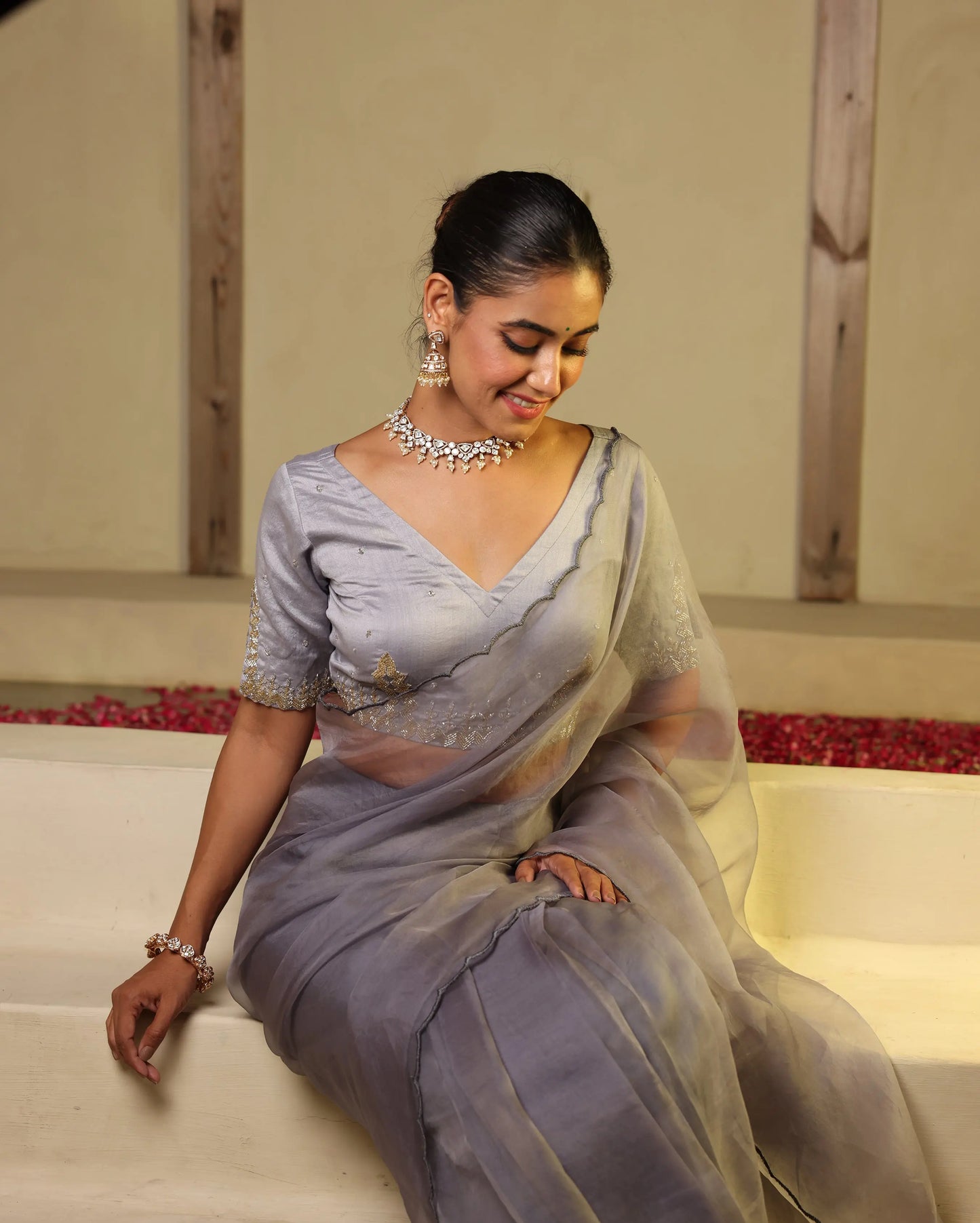 Chhavi Grey Chanderi Embroidered Blouse My Store