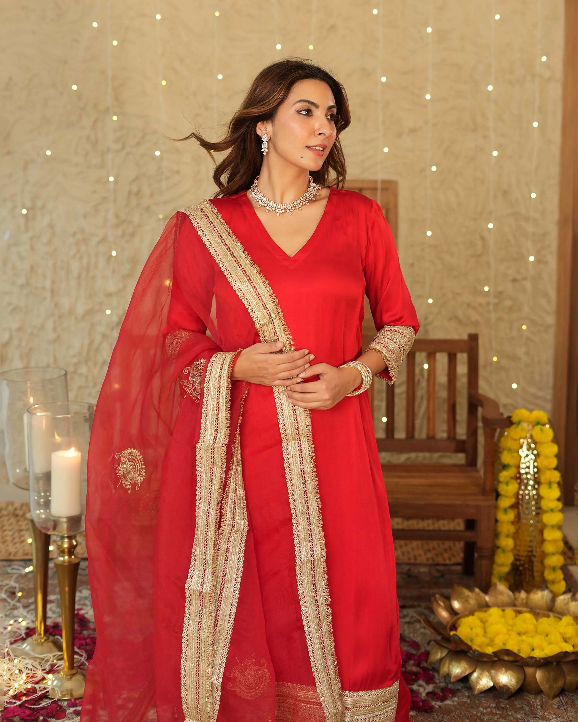 Kumkum Red Solid Satin Suit Set My Store