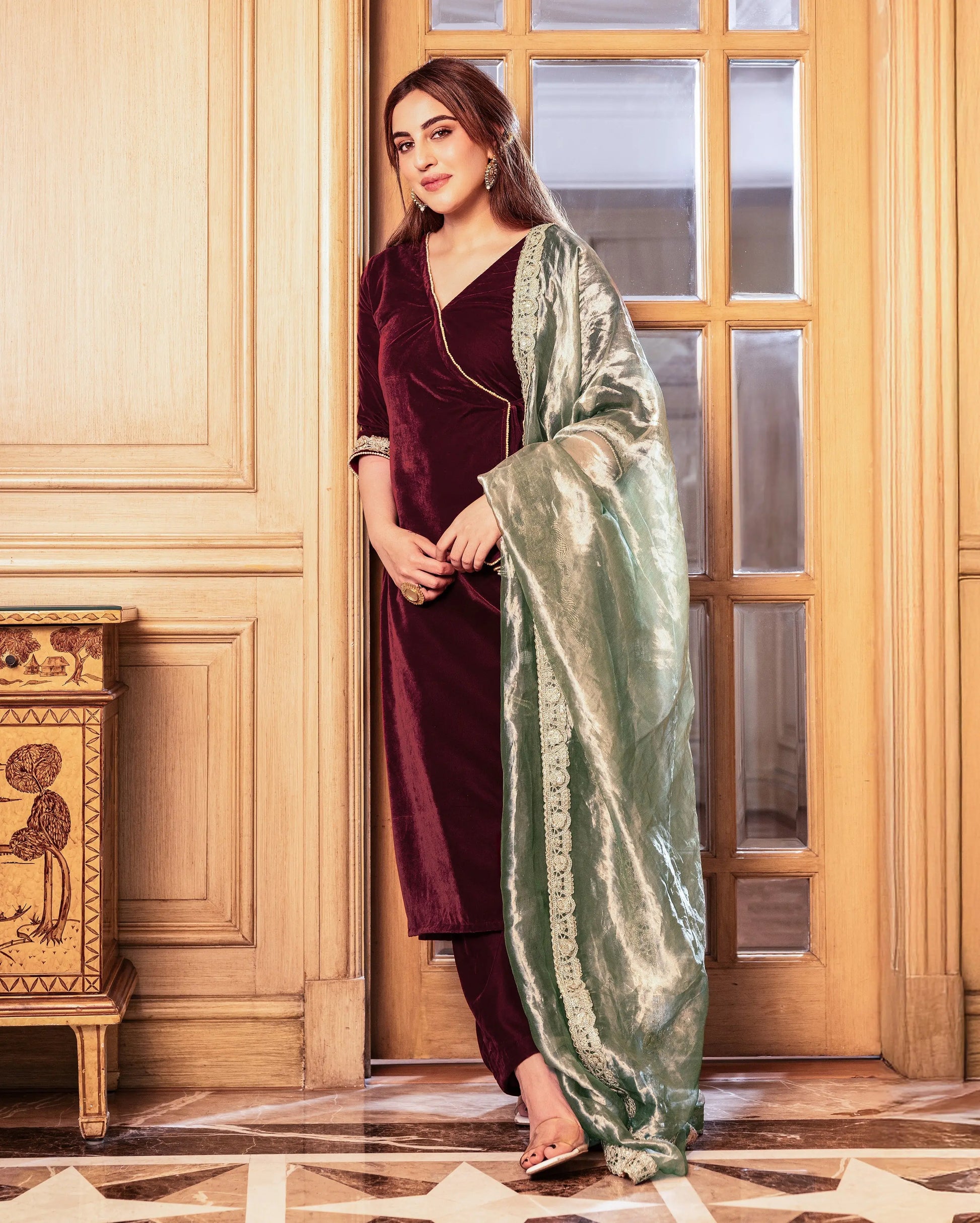 Behana Maroon Solid Velvet Suit Set My Store