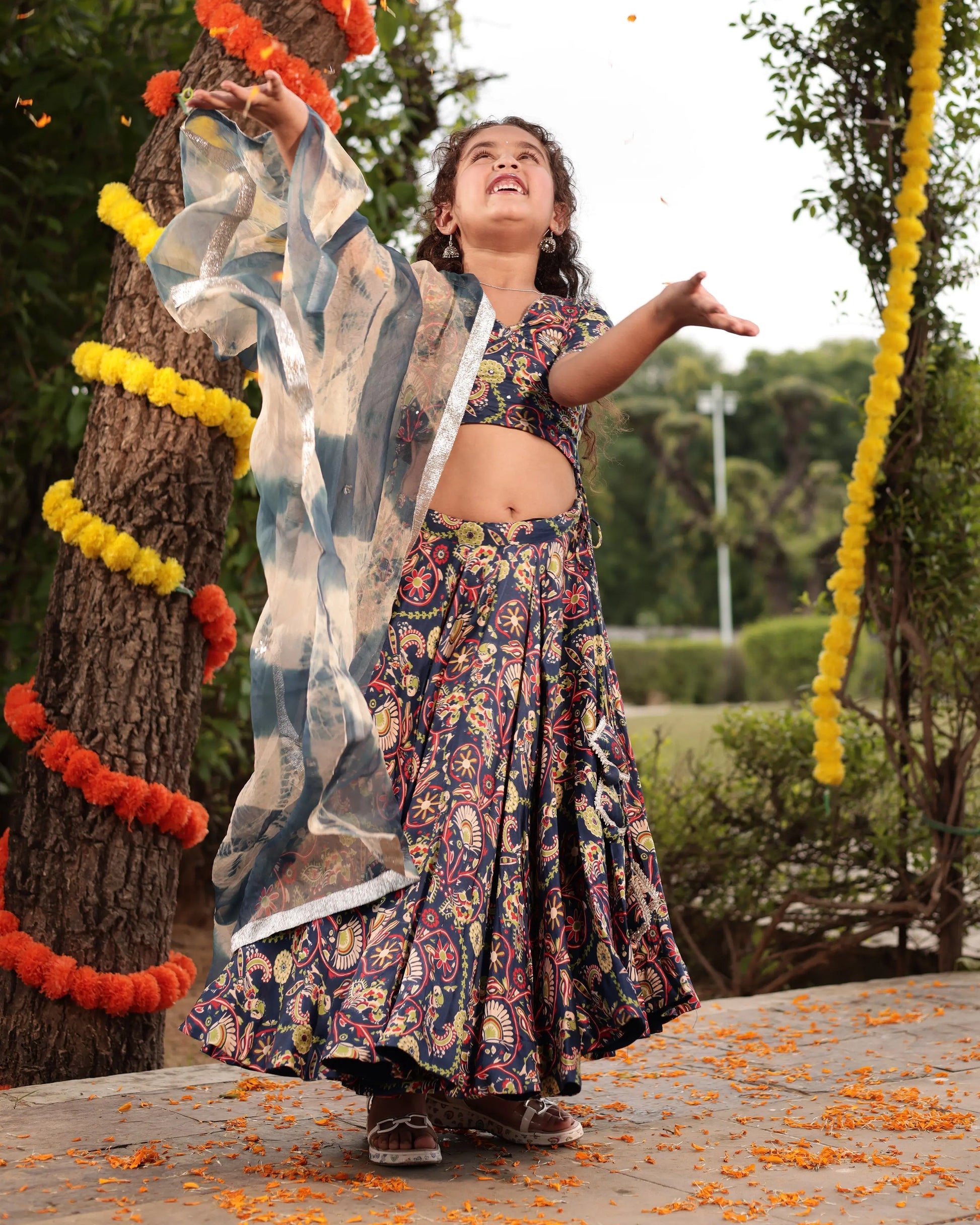 Taffy Blue Printed Embroidered Satin Lehenga Set My Store