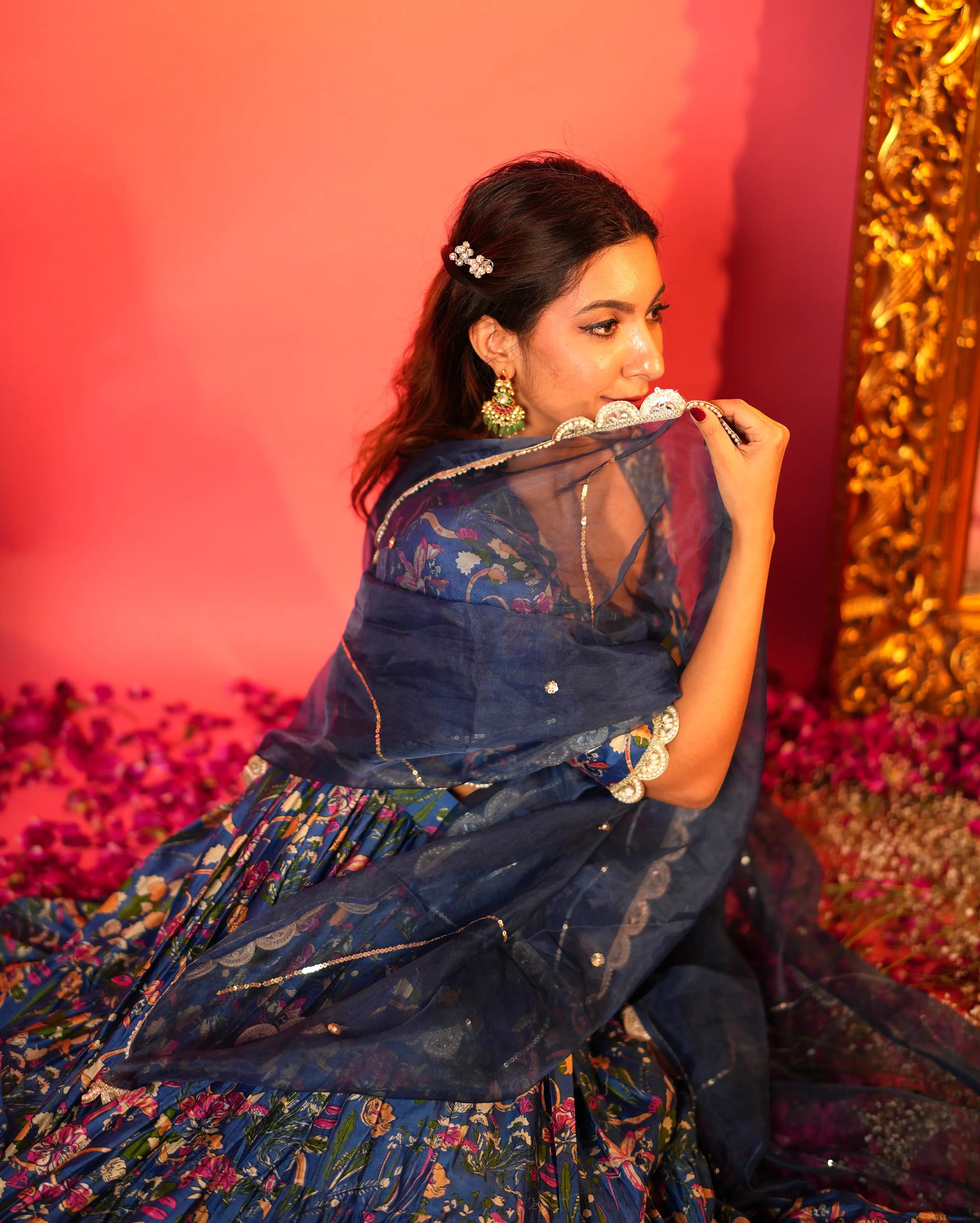 Neelam Blue Printed Chanderi Lehenga Set My Store