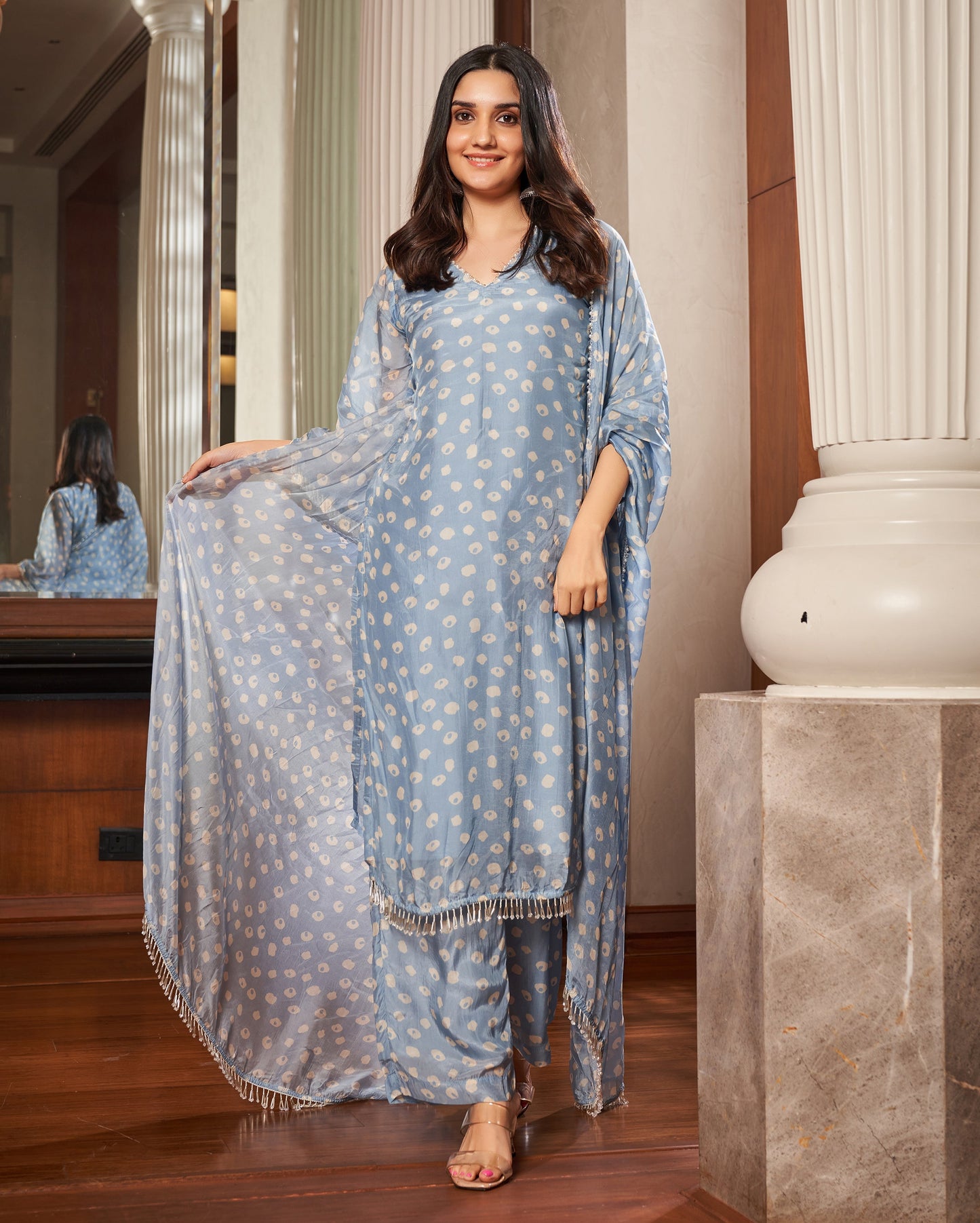 Tarang Pastel Blue Bandhani Silk Suit Set Quick Cart