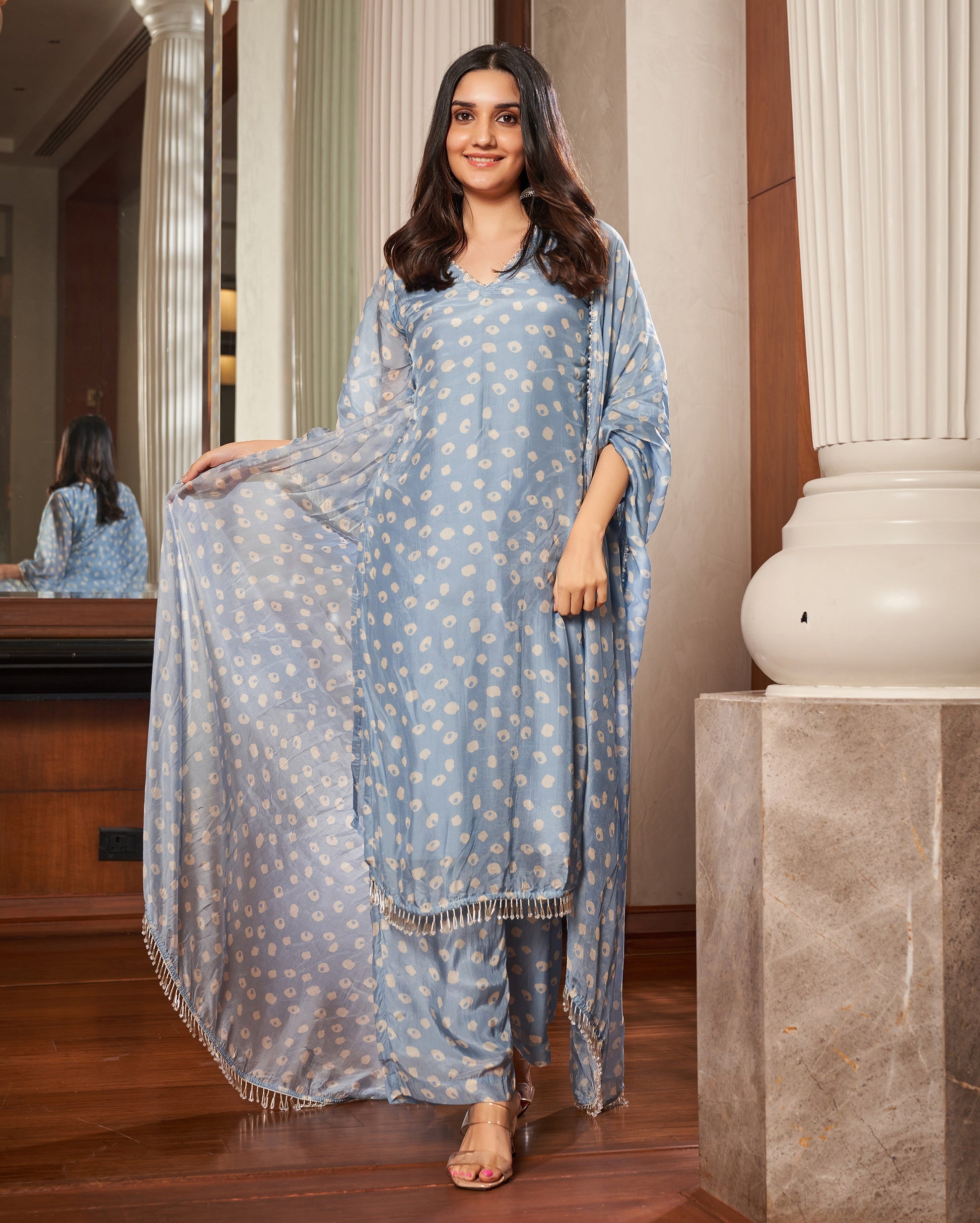 Tarang Pastel Blue Bandhani Silk Suit Set Quick Cart