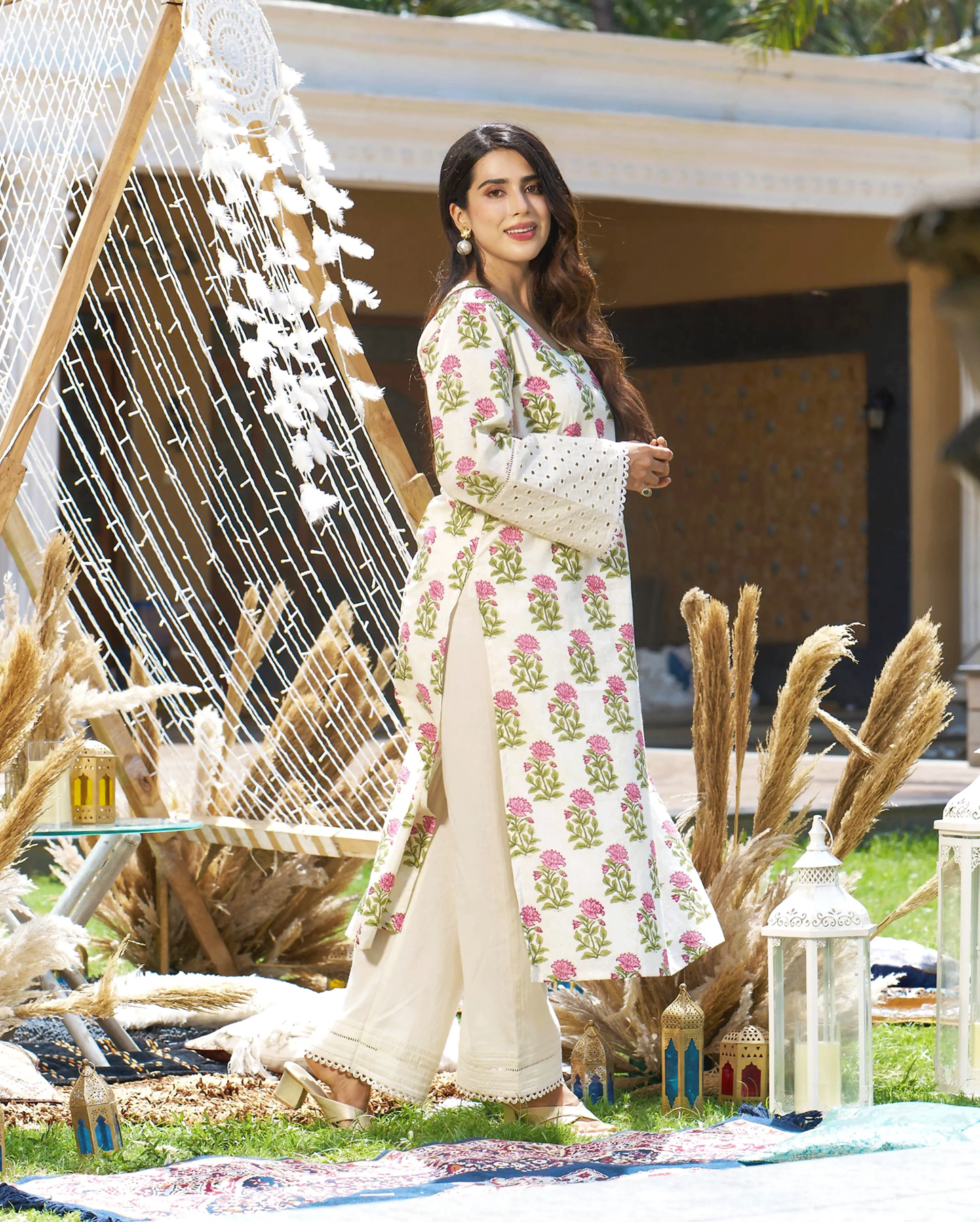 Ravishing Cream Printed Cotton Kurta Set My Store