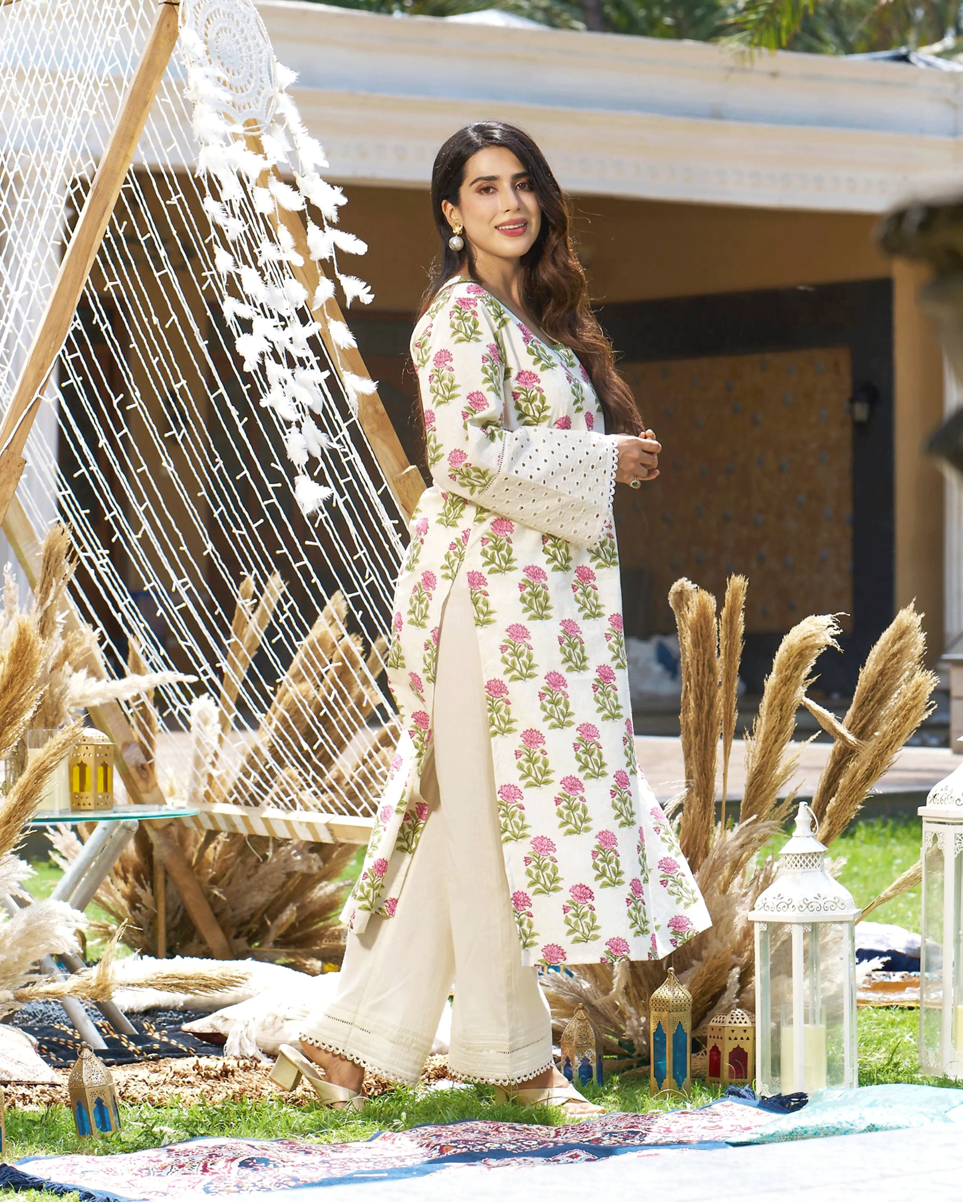 Ravishing Cream Printed Cotton Kurta Set My Store
