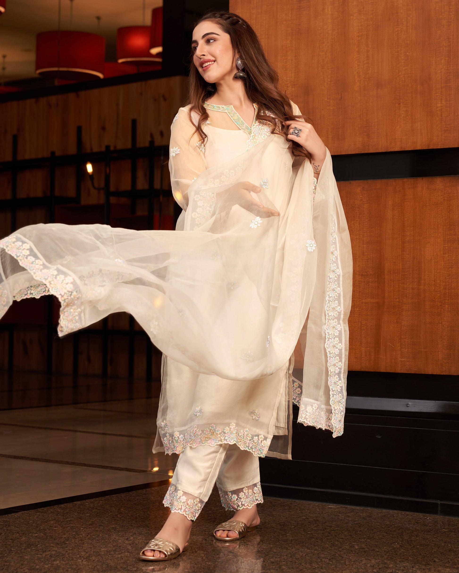 Pratha White Embroidered Organza Suit Set Quick Cart