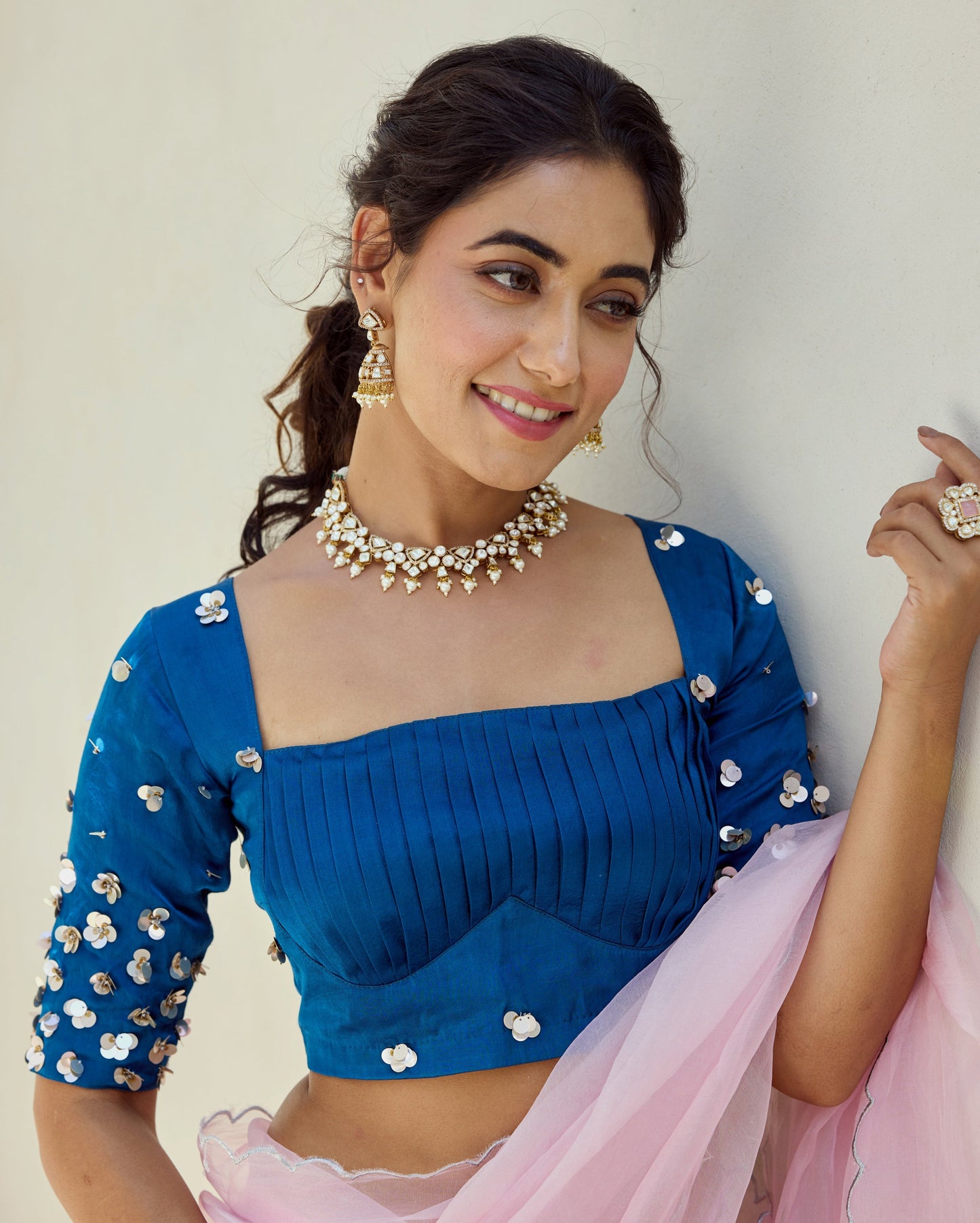 Midnight Blue Satin Embroidered Blouse My Store