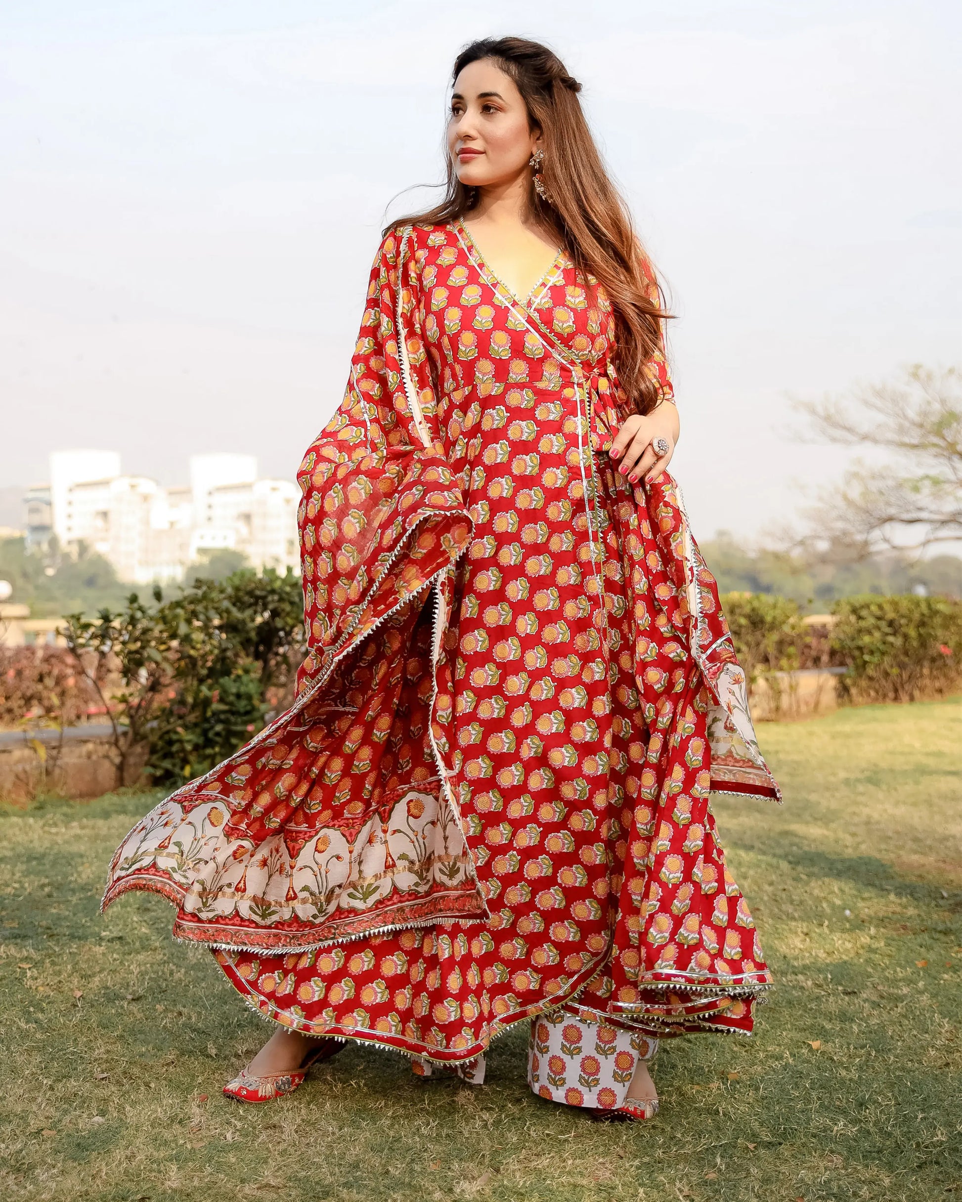 Red Rosewood Handblock Suit Set My Store